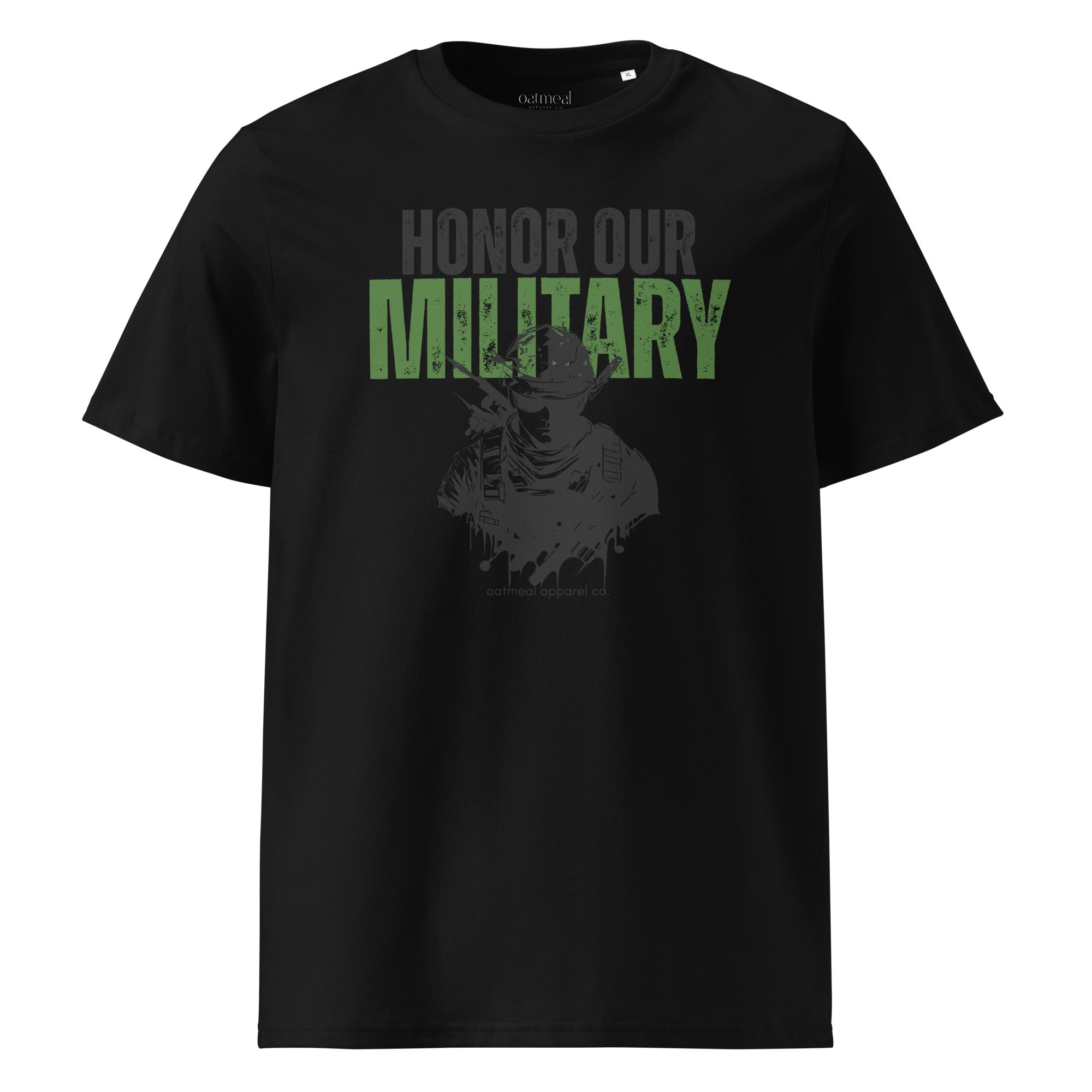 Black t-shirt with 'Honor Our Military' text and graphic on a white background at Oatmeal Apparel Co.