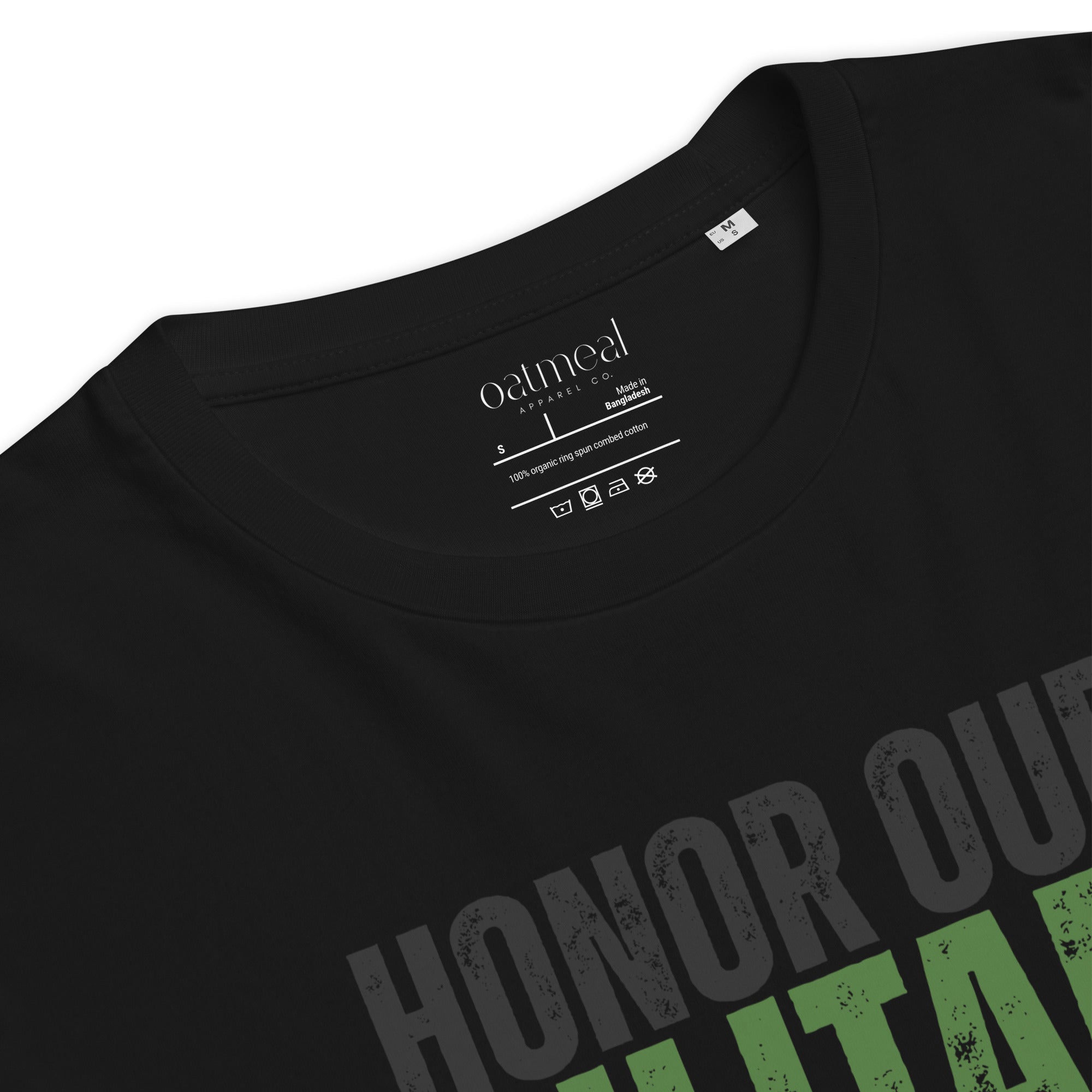 Black t-shirt with 'Honor Our Veterans' text and Oatmeal Clothing label.