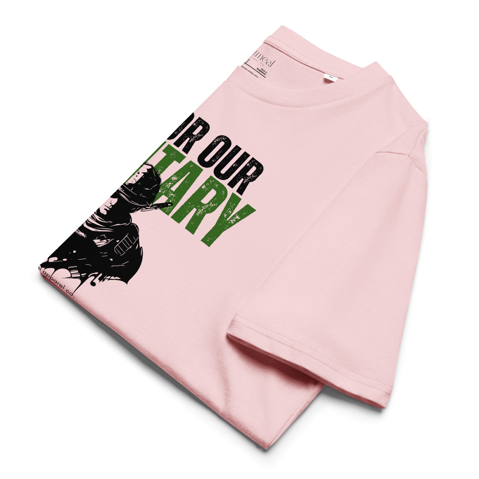 Pink sweatshirt with graphic design and text on a white background at Oatmeal Apparel Co.