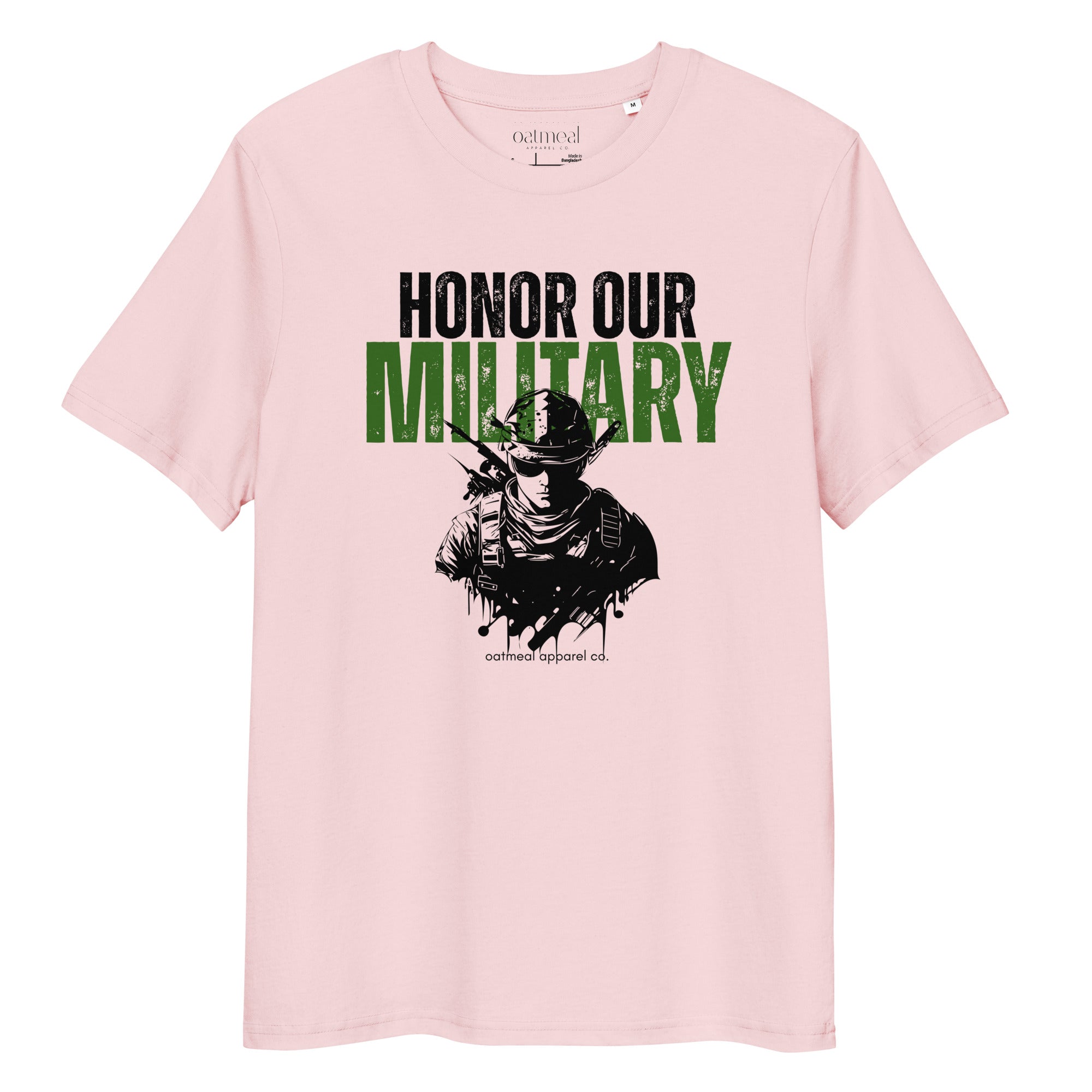 Pink t-shirt with 'Honor Our Military' text and graphic on a white background at Oatmeal Apparel Co.