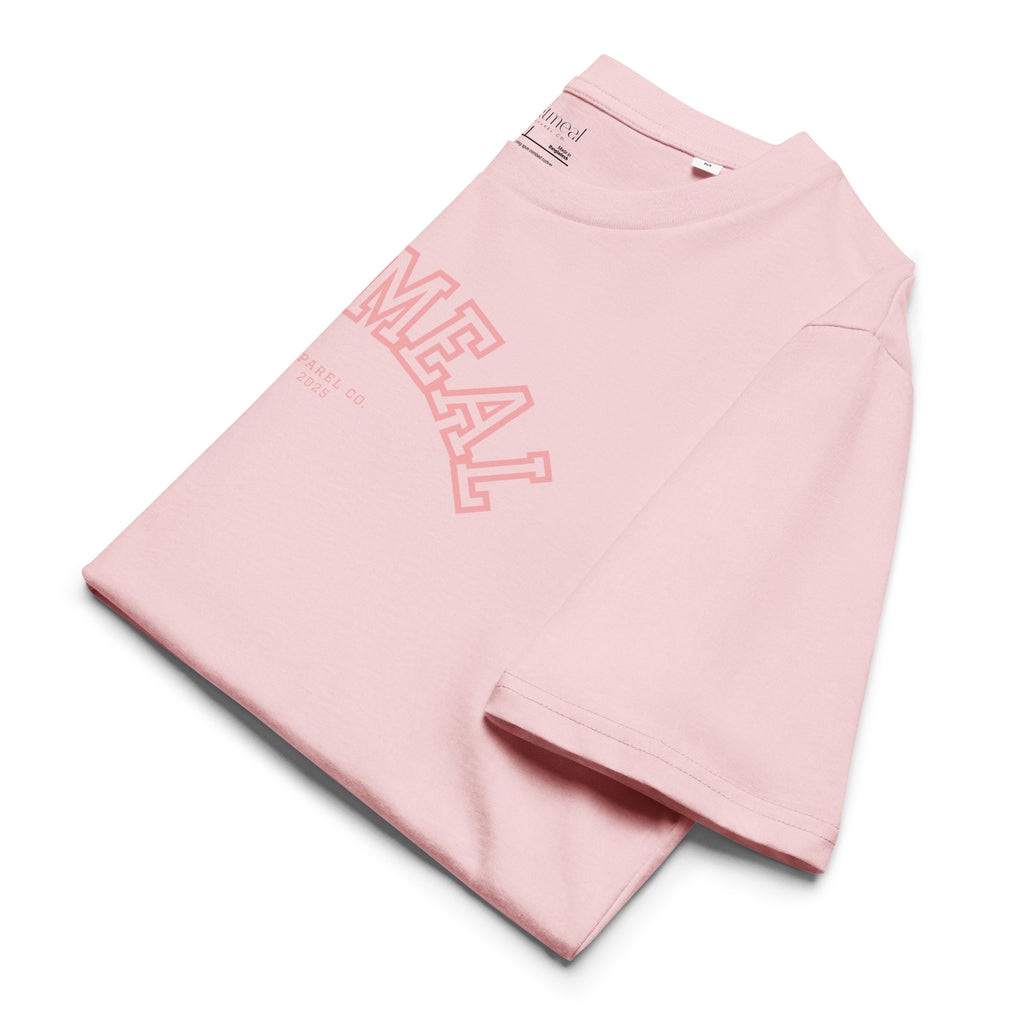 Folded Pink t-shirt with 'OATMEAL' branding on a white background at Oatmeal Apparel Co., Sports Edition Design.