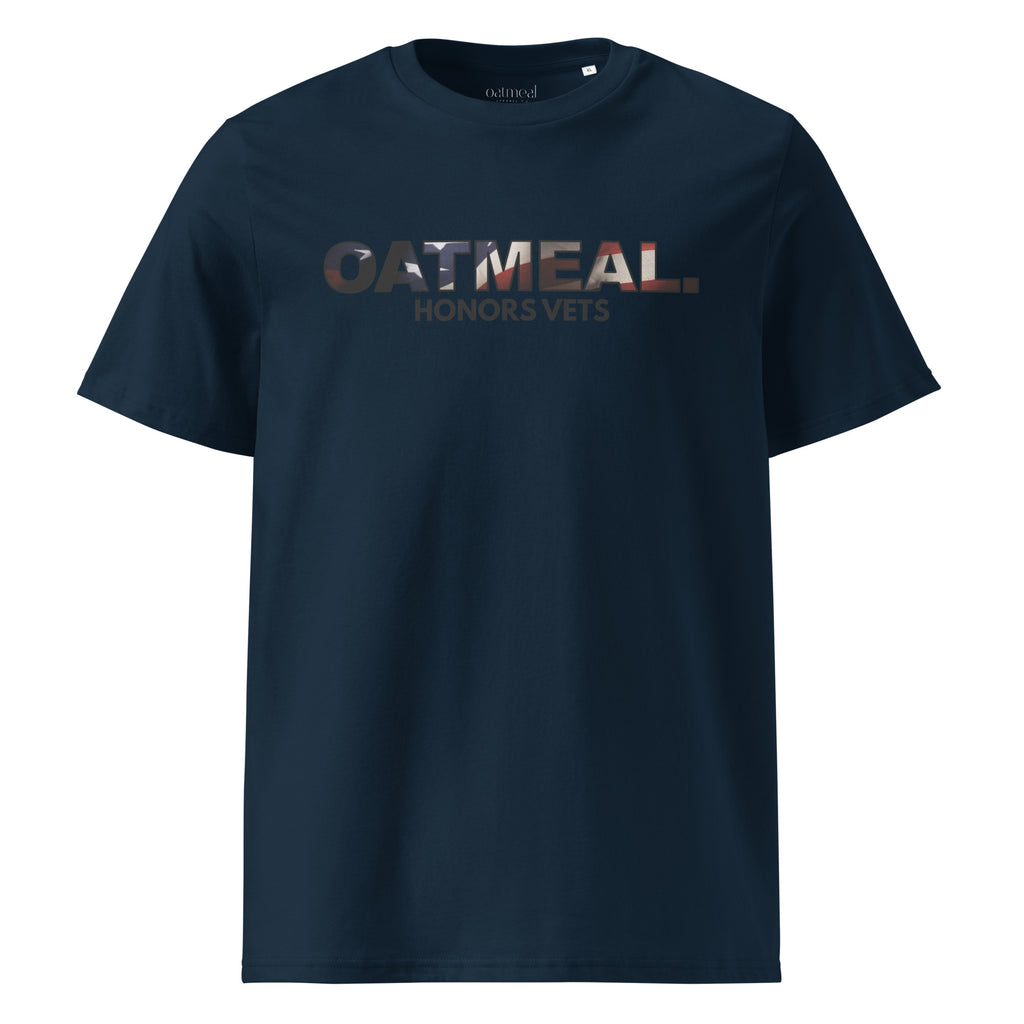 Navy blue t-shirt with 'OATMEAL HONORS VETS' text on a white background at Oatmeal Apparel Co.