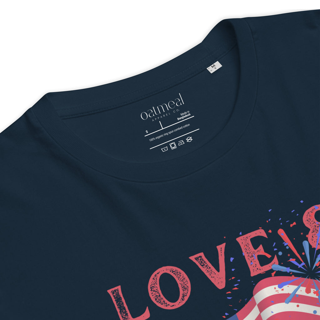 Navy blue t-shirt with 'LOVE & HONOR' graphic and Oatmeal brand label.