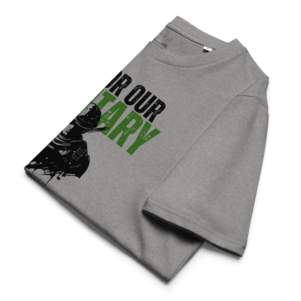 Folded Gray t-shirt with 'HONOR OUR MILITARY' graphic design and text at Oatmeal Apparel Co.