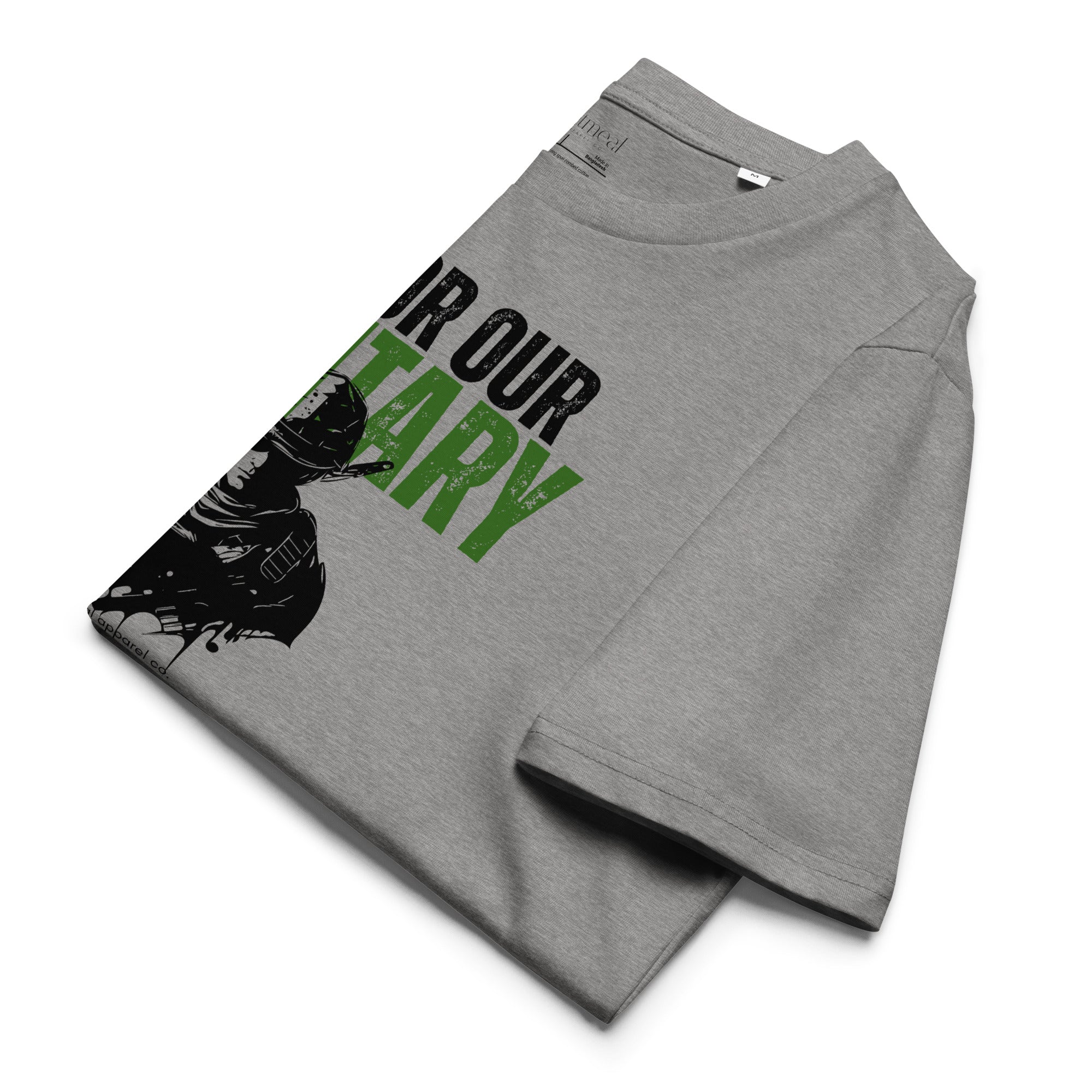 Folded Gray t-shirt with 'HONOR OUR MILITARY' graphic design and text at Oatmeal Apparel Co.