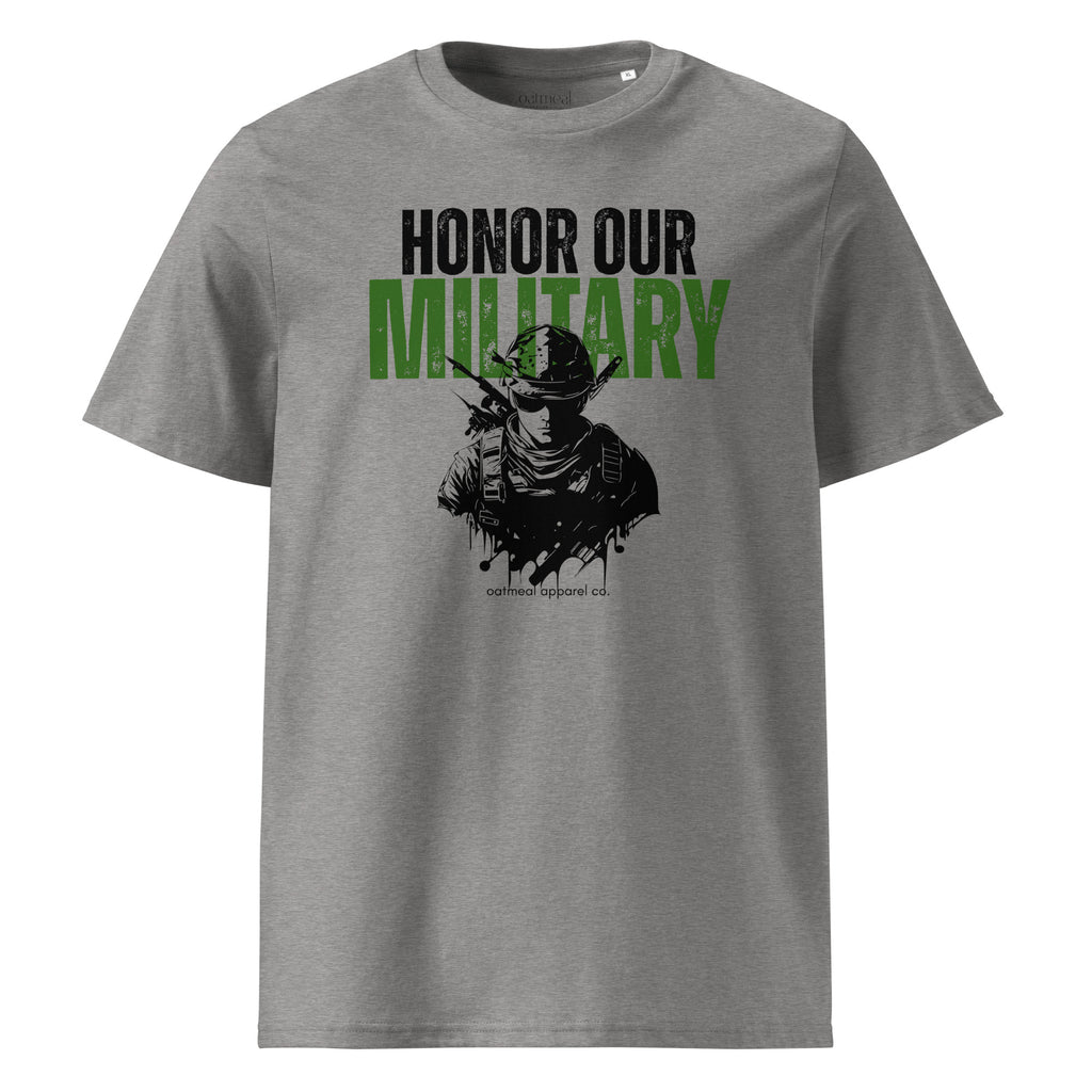 Gray t-shirt with 'Honor Our Military' text and graphic on a white background at Oatmeal Apparel Co.