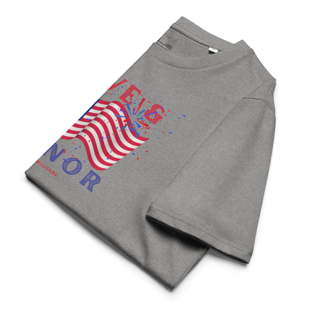 Folded gray t-shirt with American flag design on a white background at Oatmeal Apparel Co.