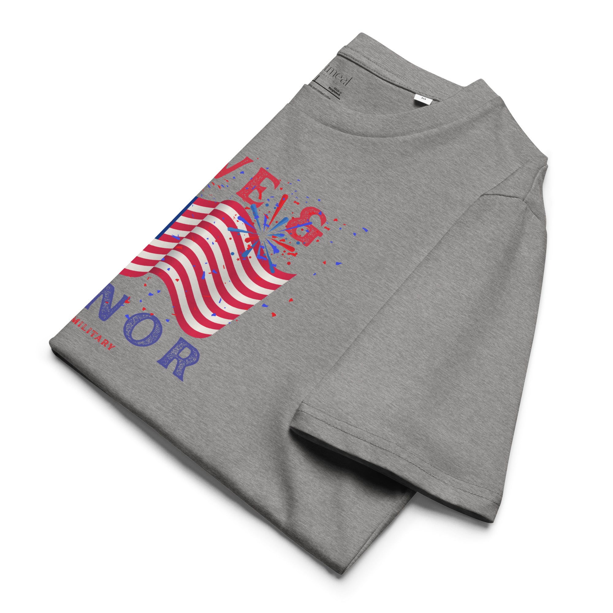 Folded gray t-shirt with American flag design on a white background at Oatmeal Apparel Co.
