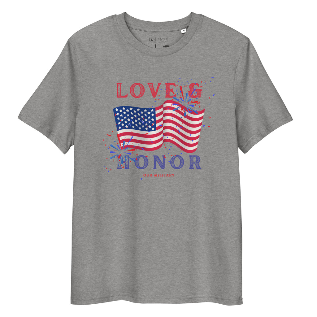 Gray t-shirt with American flag and text design on a white background exclusively avail at Oatmeal Apparel Co.