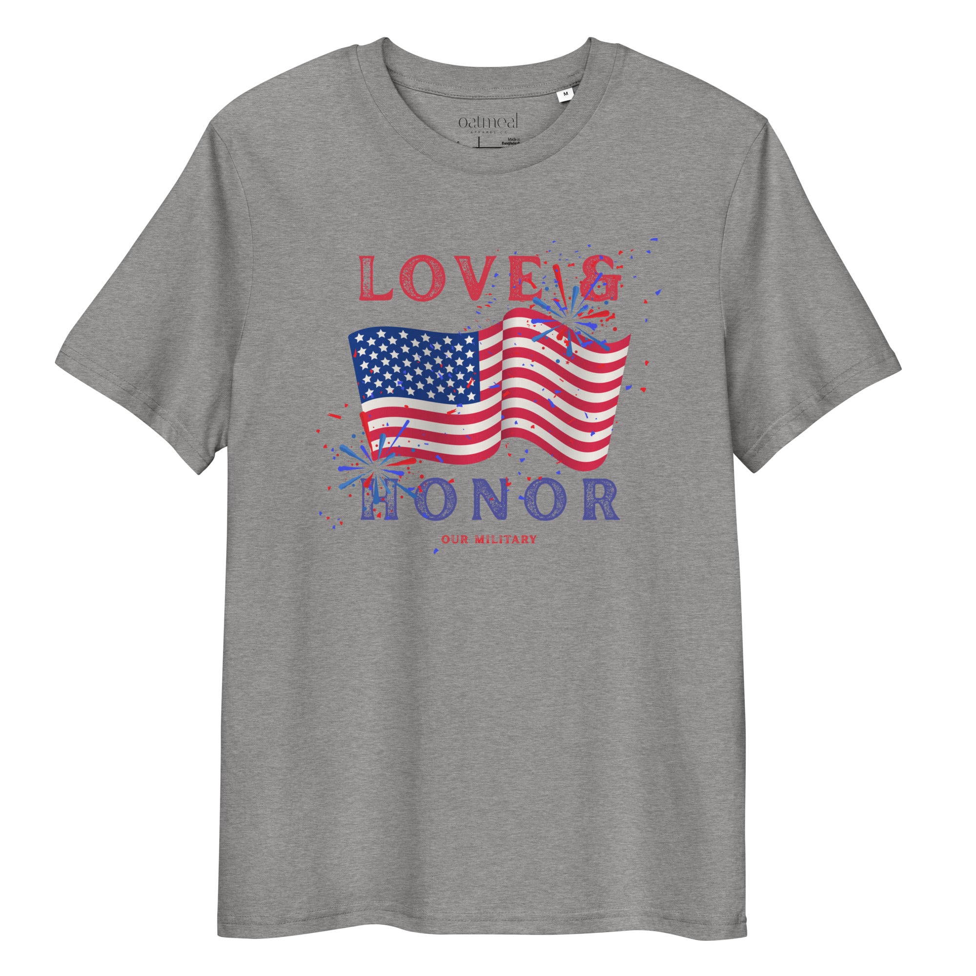 Gray t-shirt with American flag and text design on a white background exclusively avail at Oatmeal Apparel Co.
