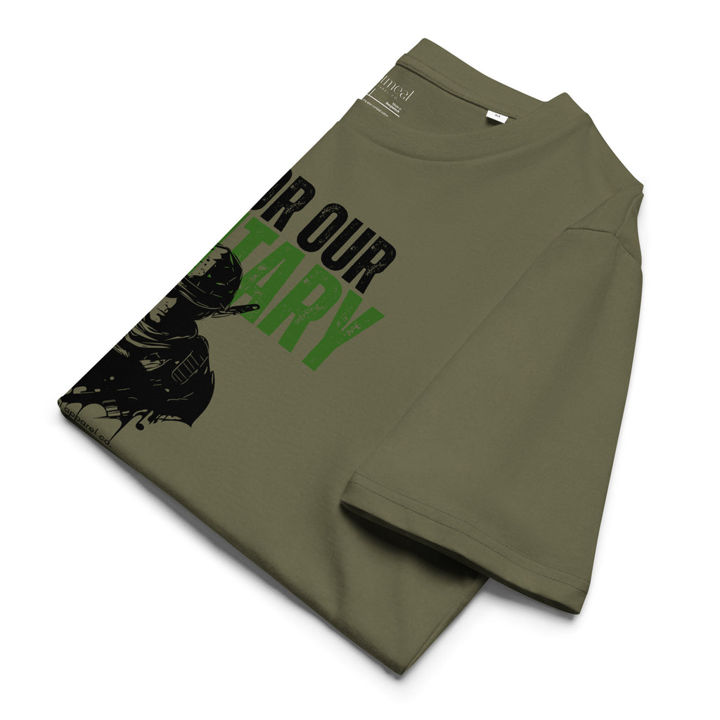 Folded green t-shirt with text and graphic on a white background at Oatmeal Apparel Co.