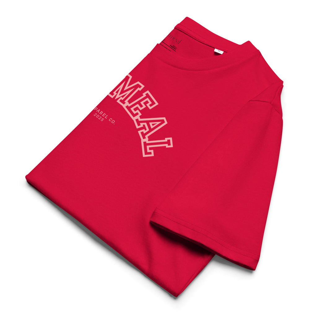 Folded red t-shirt with white 'oatmeal' branding on a white background at Oatmeal Apparel Co., Sports Edition Design.