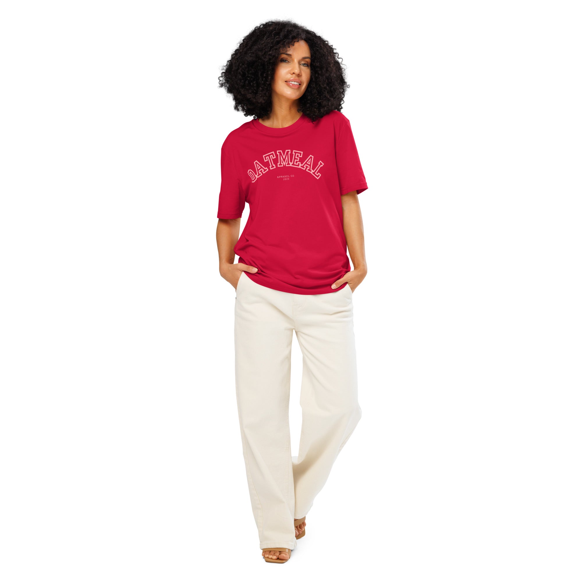 Woman wearing a red t-shirt with 'oatmeal' branding and white pants at Oatmeal Apparel Co., Sports Edition Design.