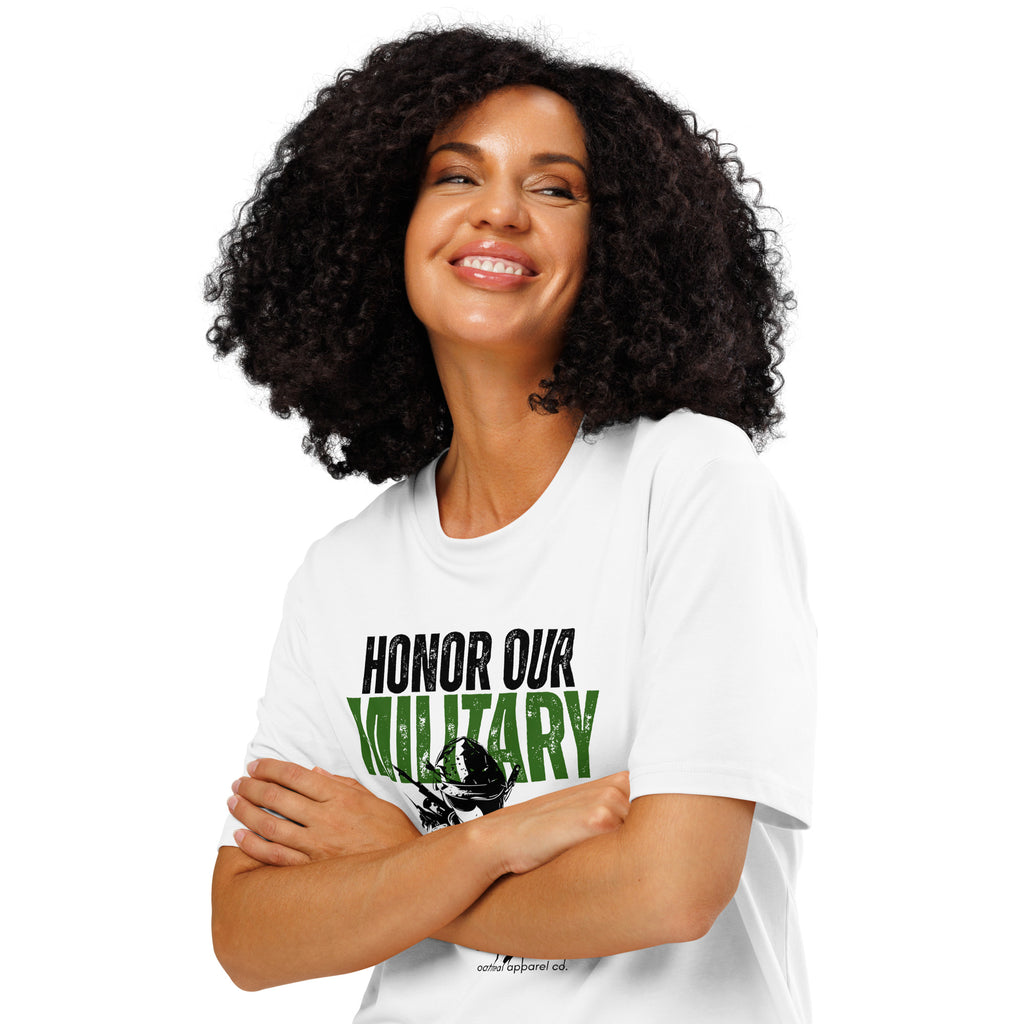 Woman wearing a white t-shirt with 'Honor Our Military' text on a white background at Oatmeal Apparel Co.