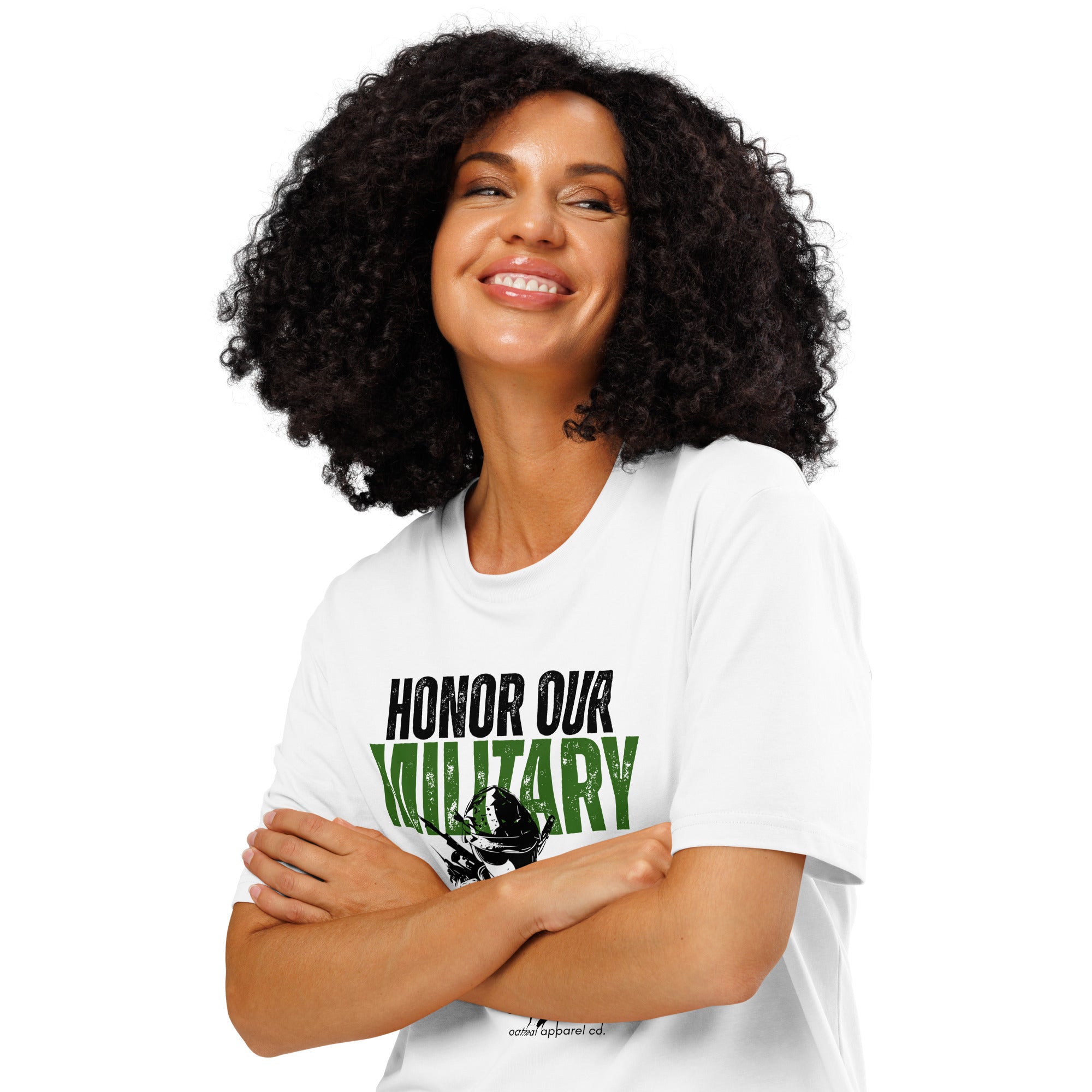 Woman wearing a white t-shirt with 'Honor Our Military' text on a white background at Oatmeal Apparel Co.