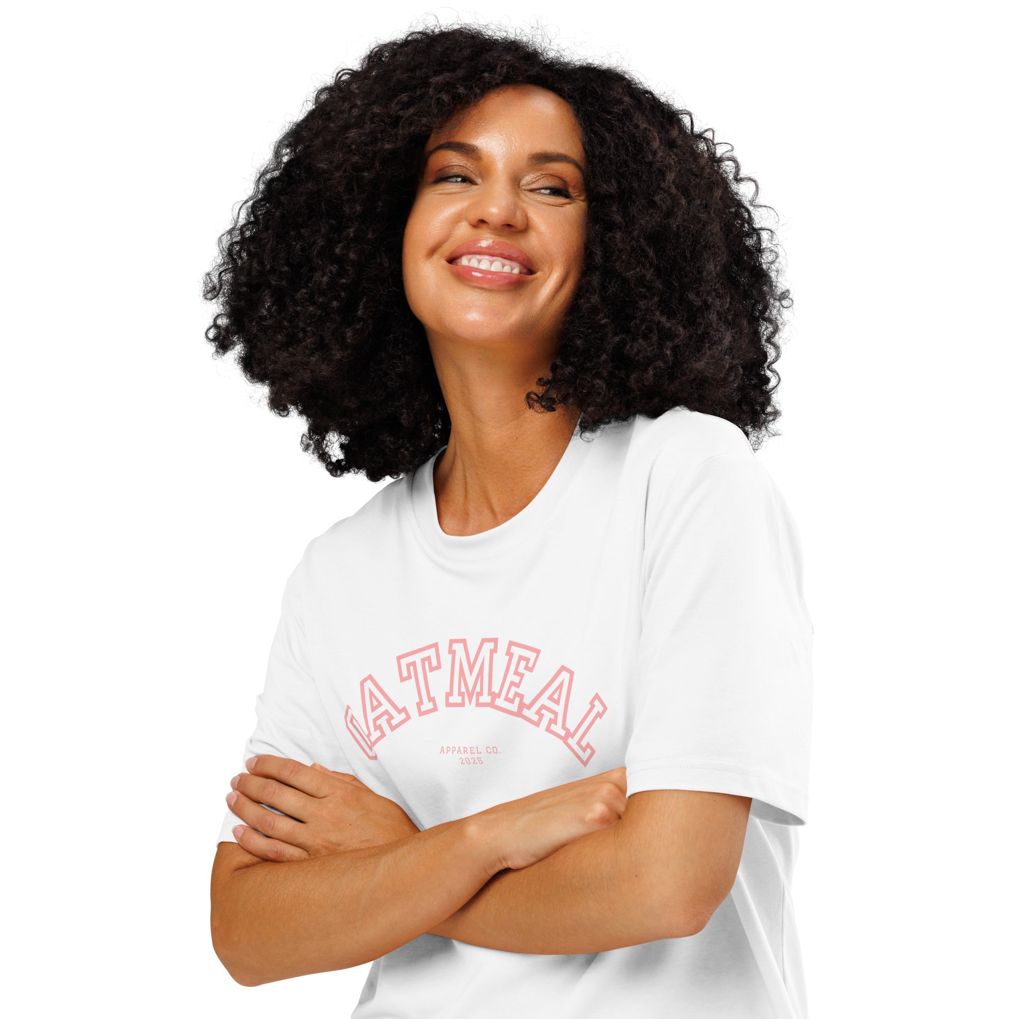 Woman wearing a white t-shirt with cotton pink 'oatmeal' branding text on a white background at Oatmeal Apparel Co., Sports Edition Design.
