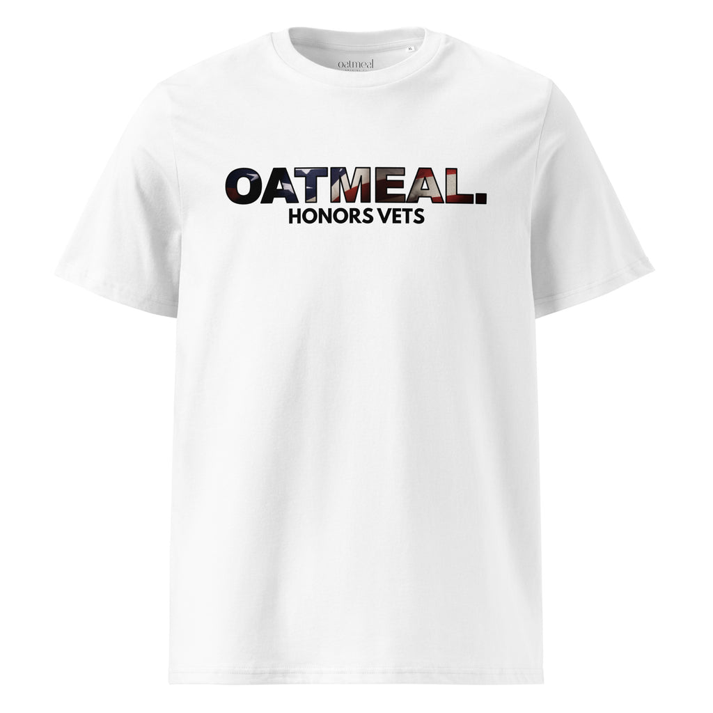 White t-shirt with 'OATMEAL. HONORS VETS' text on a white background at Oatmeal Apparel Co.