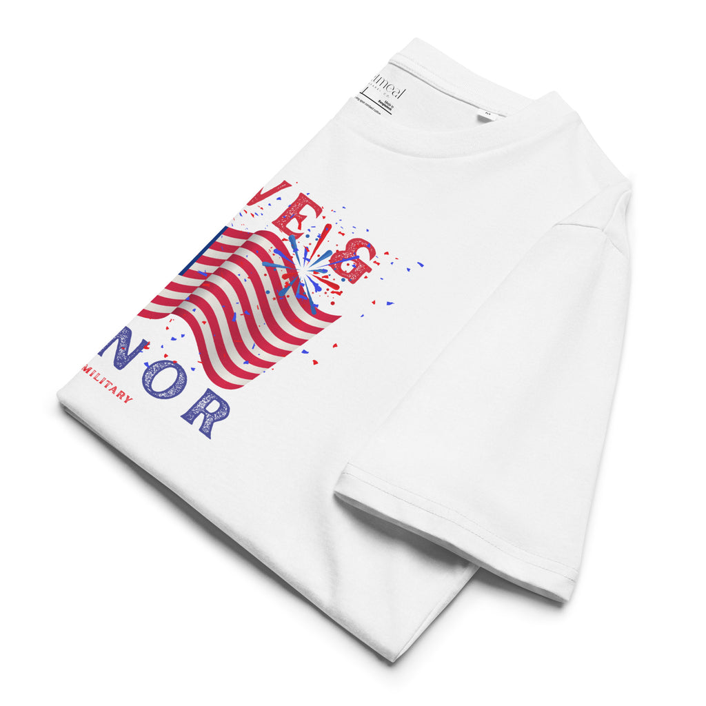 White t-shirt with red, white, and blue graphic design and 'Love & Honor Our Military' text on a white background, exclusively at Oatmeal Apparel Co.