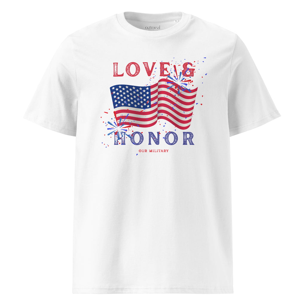 White 'Love & Honor Our Military' Veteran t-shirt at Oatmeal Apparel Co.