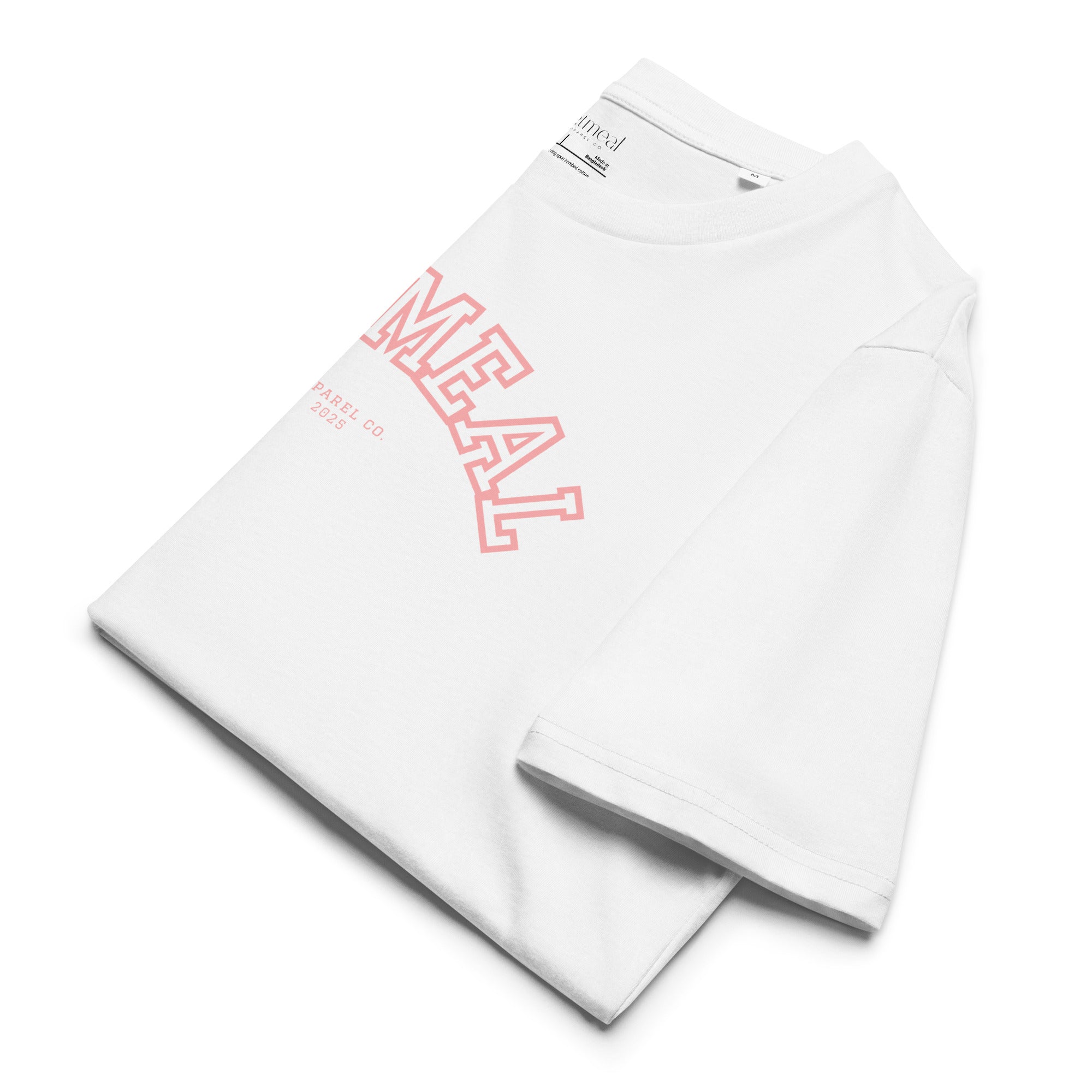 Folded White t-shirt with red 'oatmeal' branding on a white background at Oatmeal Apparel Co., Sports Edition Design.