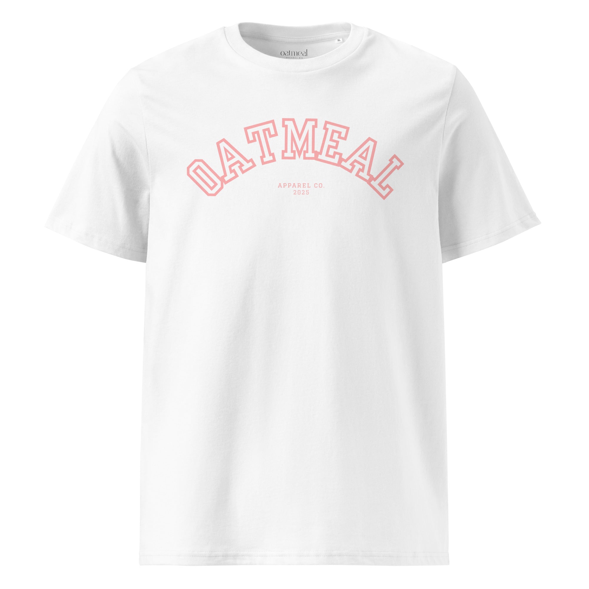 White t-shirt with 'OATMEAL' branding on a white background at Oatmeal Apparel Co., Sports Edition Design.