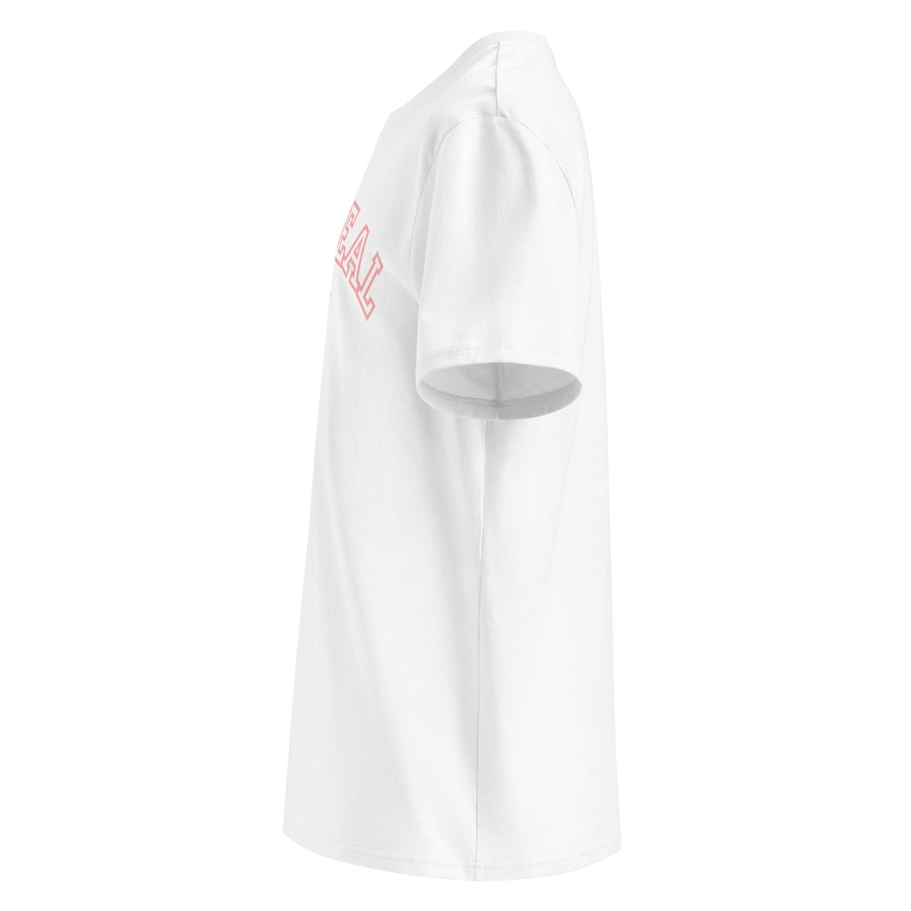 Side view of White t-shirt with 'oatmeal' sports edition branding on a white background at Oatmeal Apparel Co., Sports Edition Design.