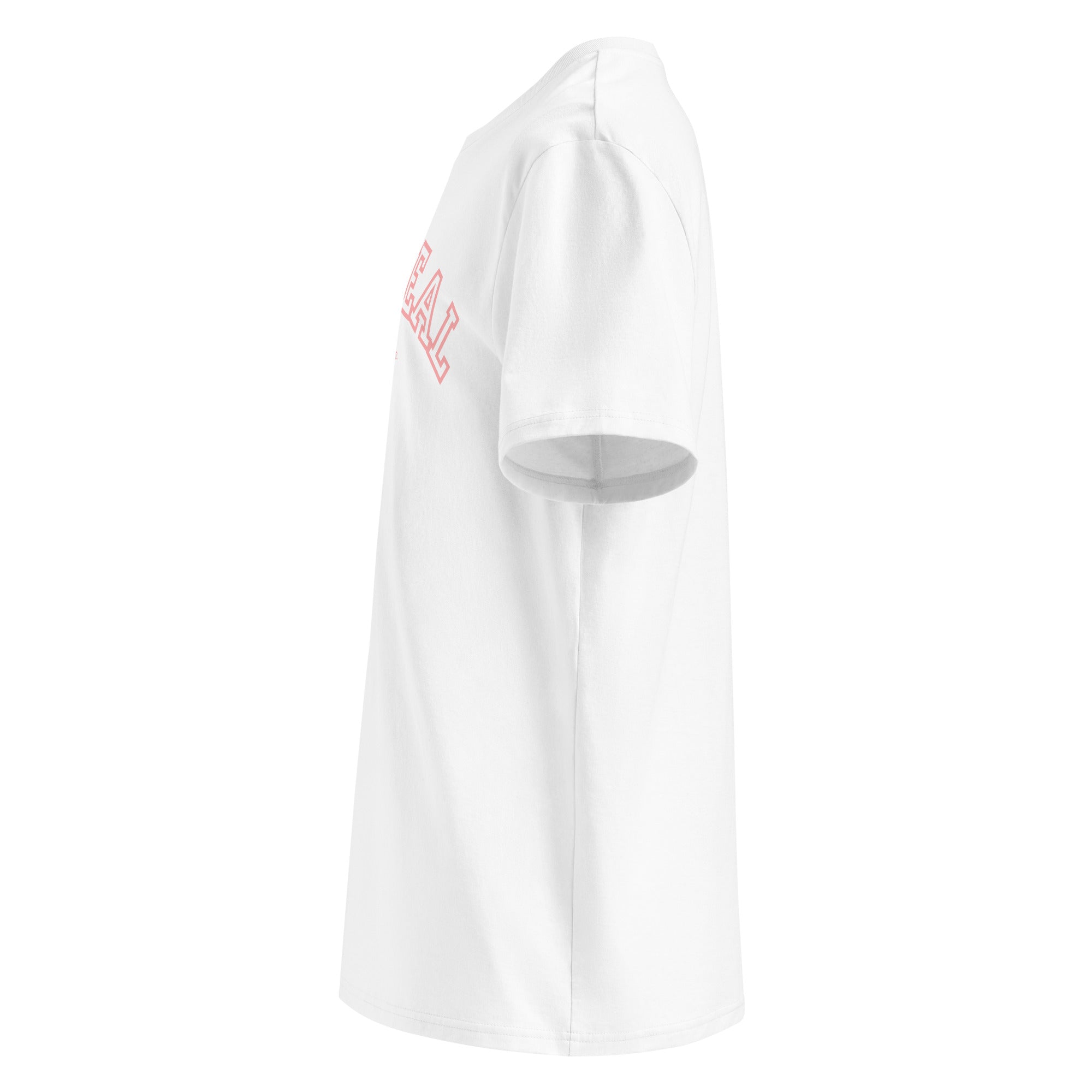 Side view of White t-shirt with 'oatmeal' sports edition branding on a white background at Oatmeal Apparel Co., Sports Edition Design.