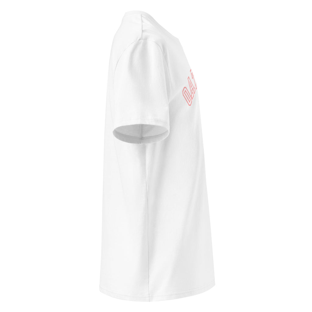 Side view of White t-shirt with 'oatmeal' sports edition logo on a white background at Oatmeal Apparel Co., Sports Edition Design.