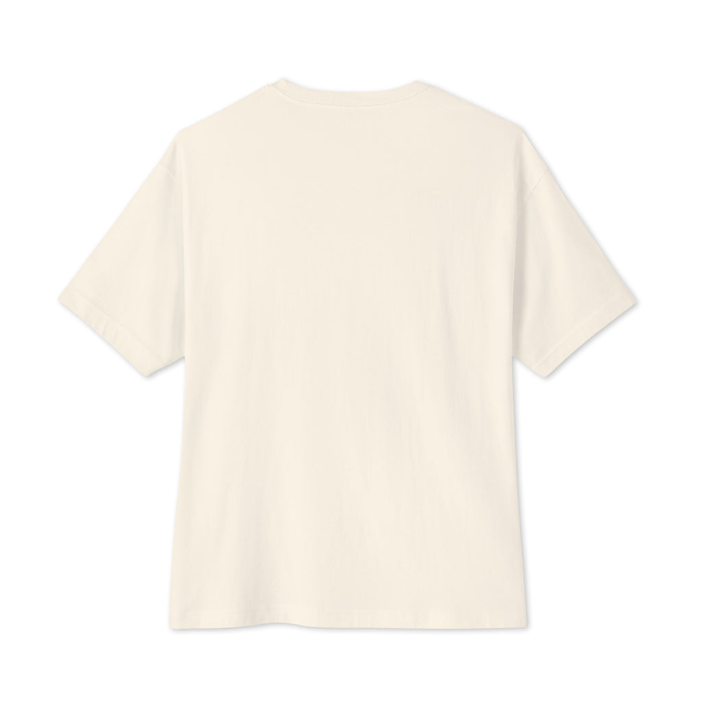 A plain natural-colored short-sleeve oversized t-shirt shown from the back, laid flat against a solid white background at Oatmeal Apparel Co.