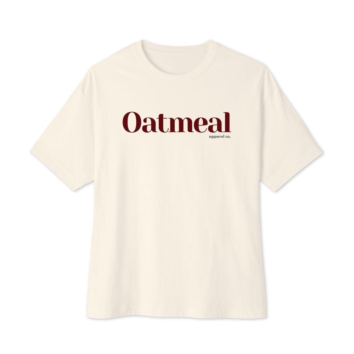 An natural-tan color short-sleeve crewneck t-shirt featuring the word 'Oatmeal' printed in a dark red serif font across the chest, with 'support co.' in smaller text underneath. Oatmeal Apparel Co.