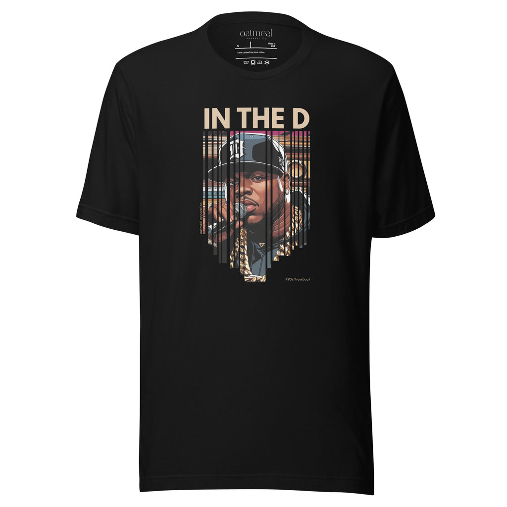 Black t-shirt with custom graphic design and text 'IN THE D' at Oatmeal Apparel Co.
