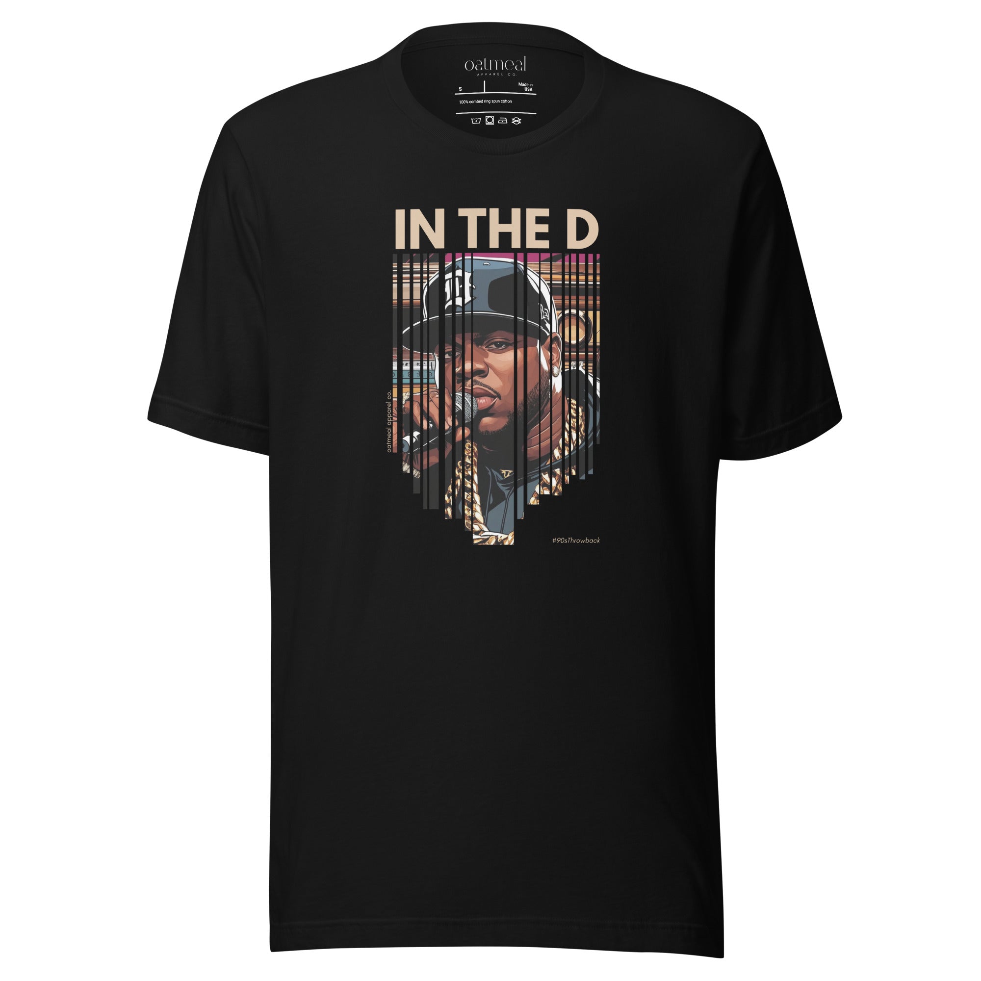 Black t-shirt with custom graphic design and text 'IN THE D' at Oatmeal Apparel Co.
