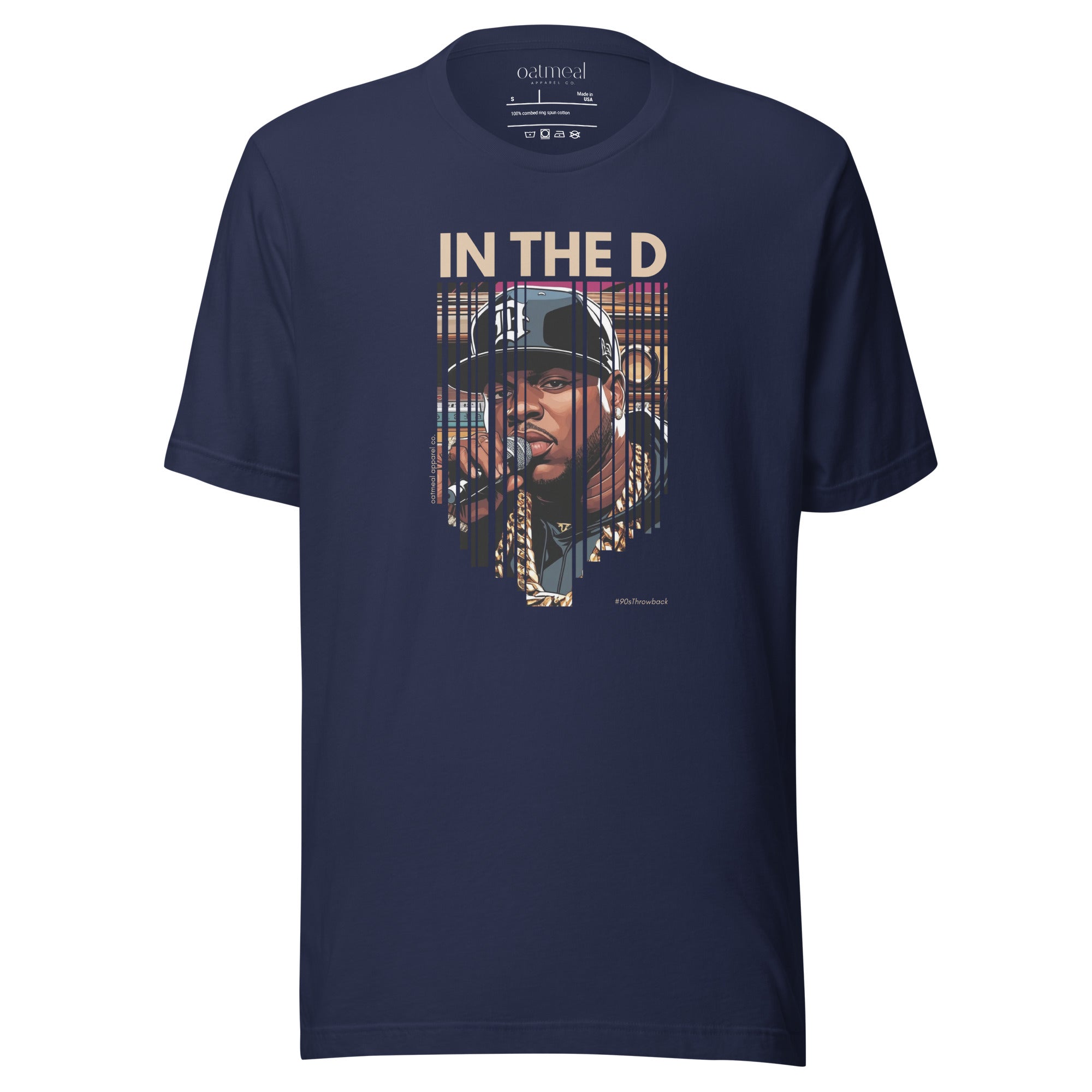 Navy blue t-shirt with graphic design and text 'IN THE D' on a white background at OA co.