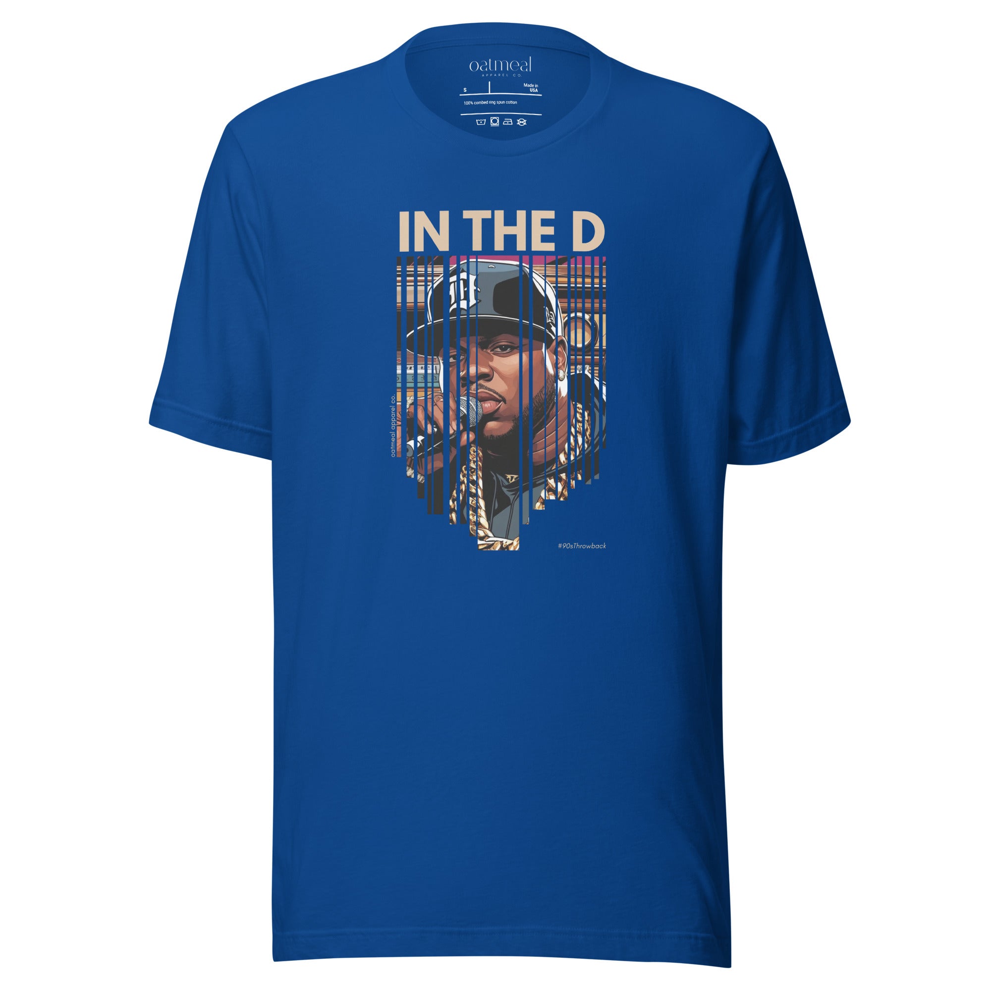 Blue t-shirt with custom graphic design and text 'IN THE D' exclusively at Oatmeal Apparel Co.