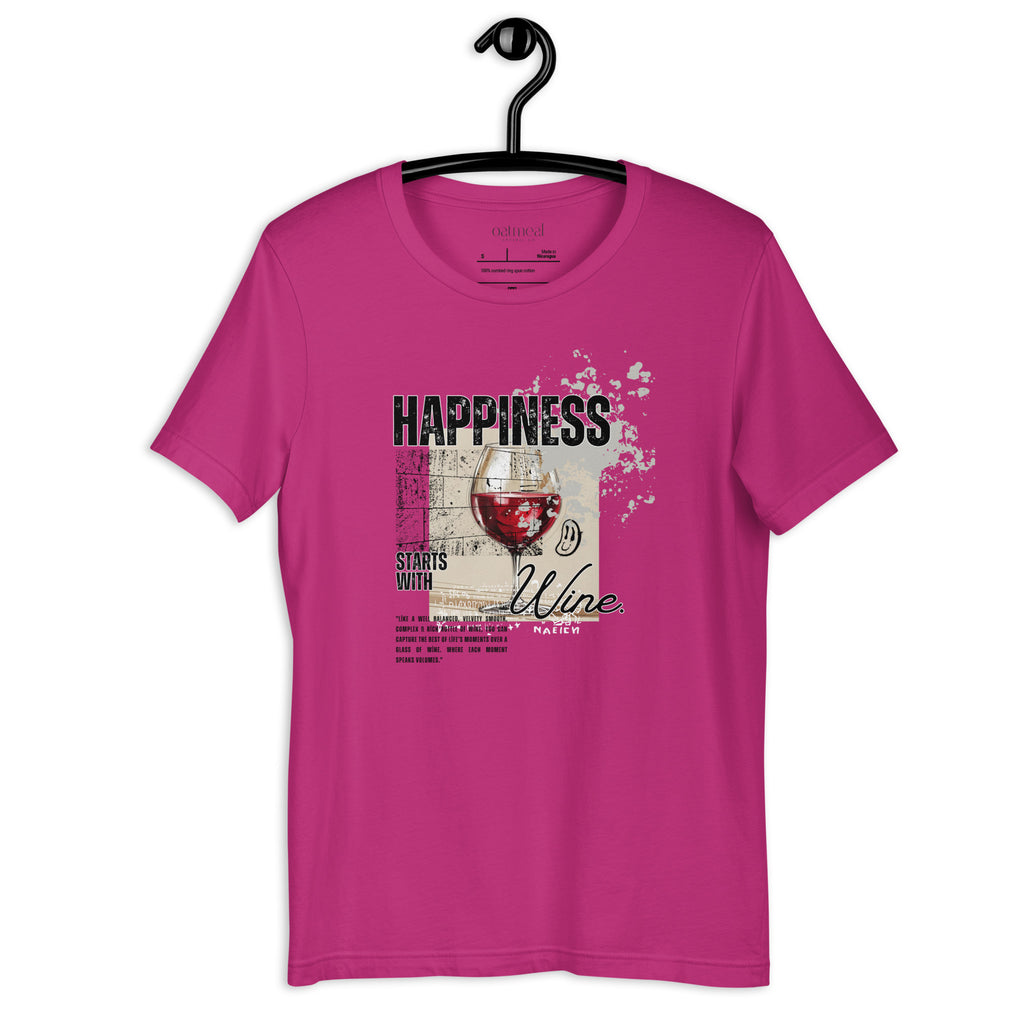 Pink t-shirt with a custom graphic design and 'happiness and wine' text on a hanger, at Oatmeal Apparel Co.
