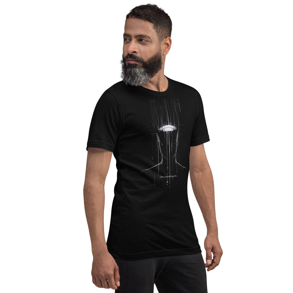 Man wearing a black t-shirt with a white graphic design on a white background at Oatmeal Apparel Co.