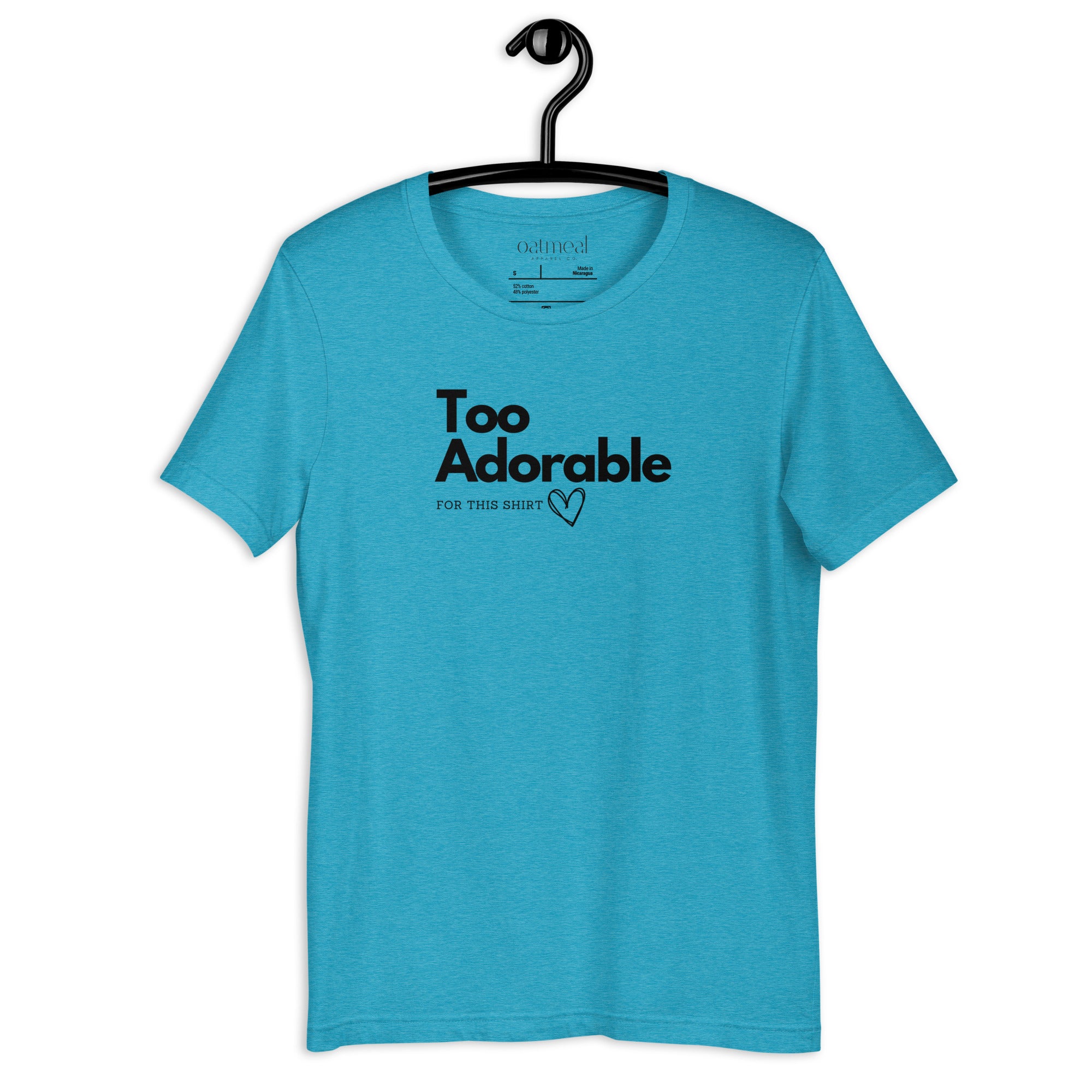 Blue t-shirt with 'Too Adorable' text on a hanger against a white background available at Oatmeal Apparel Co.