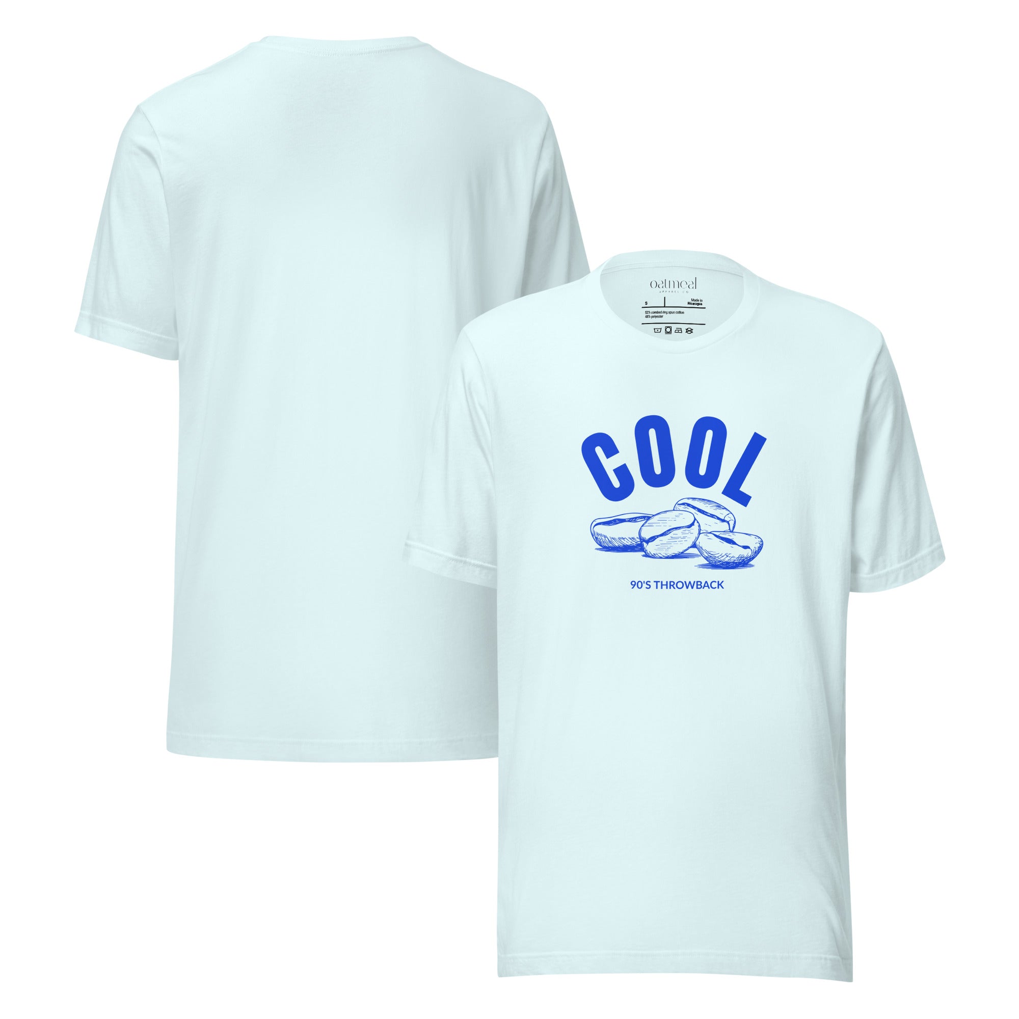 White t-shirt with blue 'COOL Beans' graphic and text on a white background product mockup at Oatmeal Apparel Co.