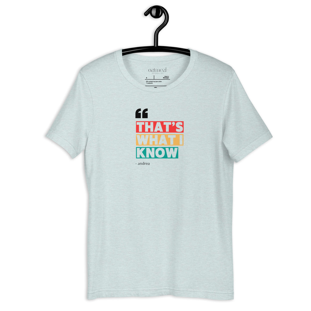 Light blue t-shirt with 'That's What I Know' text design on a hanger against a white background at Oatmeal Apparel Co.