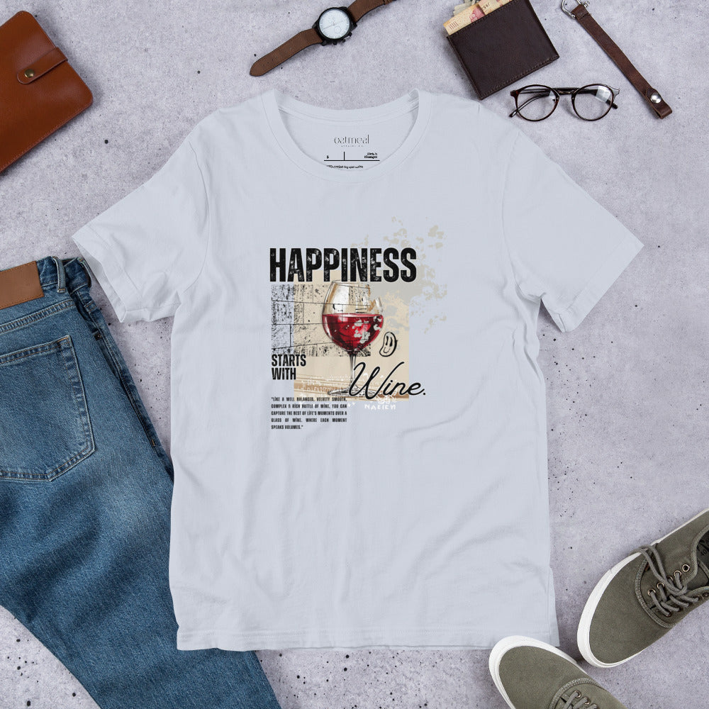 White t-shirt with a custom graphic design featuring a glass of wine and text with jeans, shoes, and accessories at Oatmeal Apparel Co.