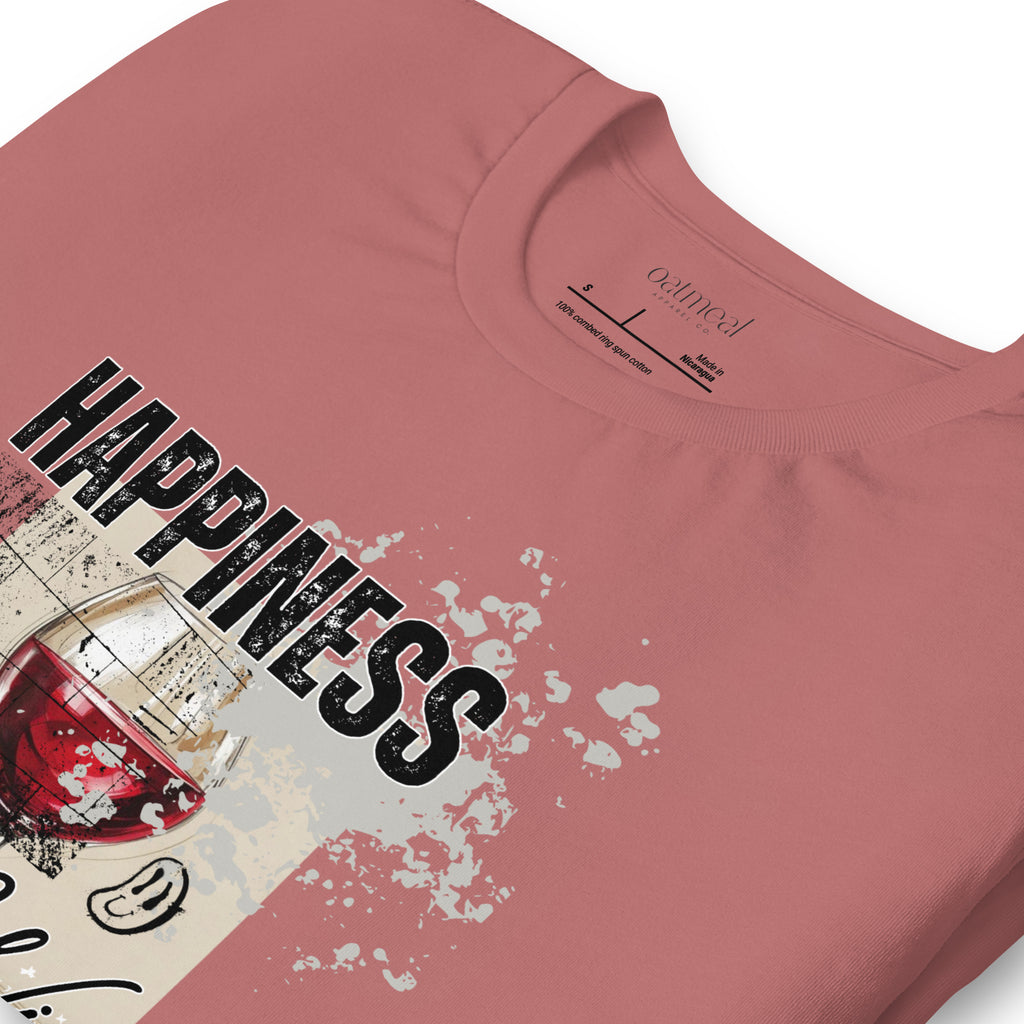 Pink t-shirt with 'HAPPINESS' custom graphic design of glass of wine shirt at Oatmeal Apparel Co.