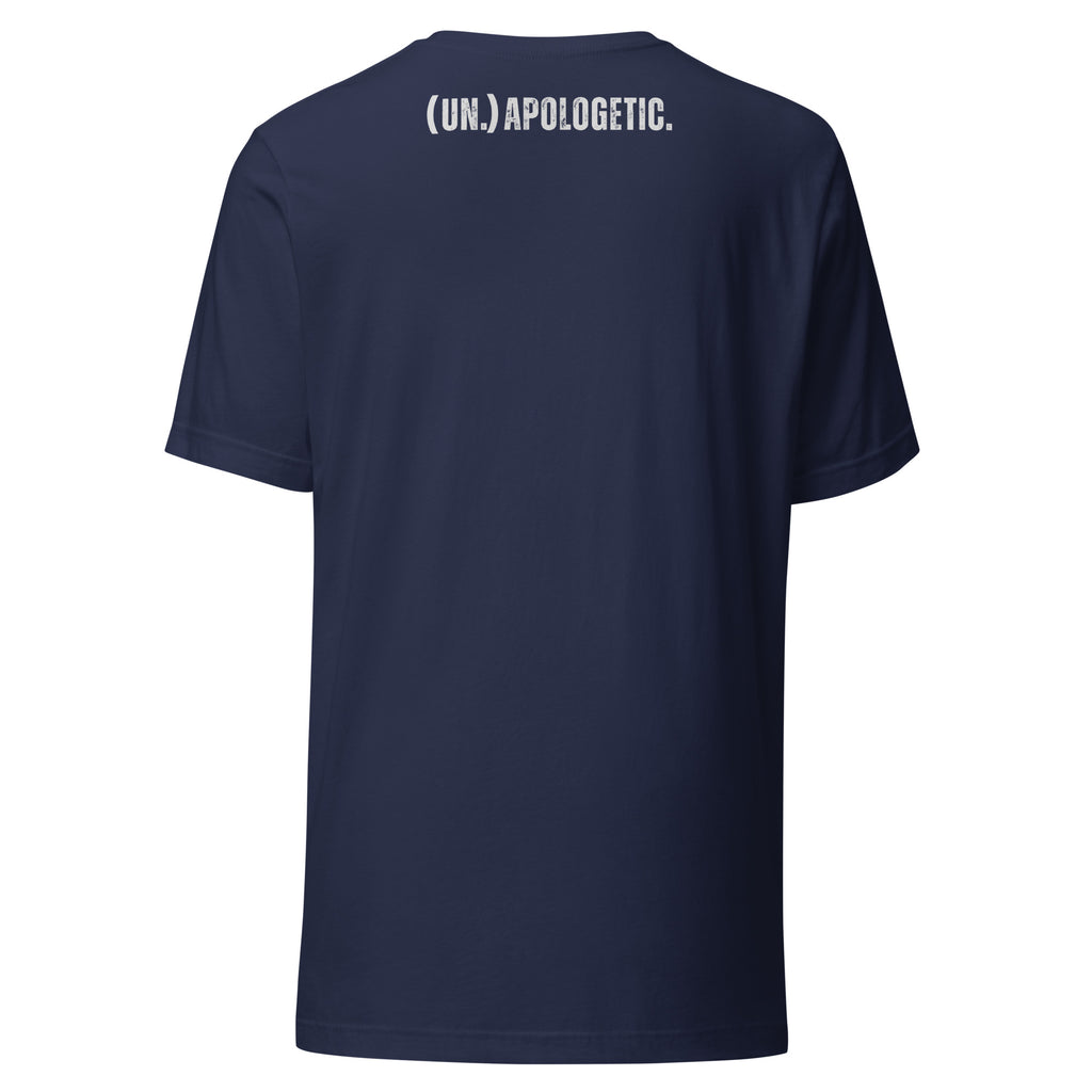 Navy blue t-shirt with white "un.apologetic" text on the back against a white background at Oatmeal Apparel Co.