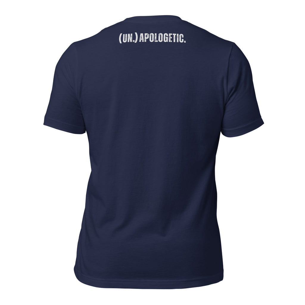 Navy blue t-shirt with "un.apologetic" text on the back on a white background at Oatmeal Apparel Co.