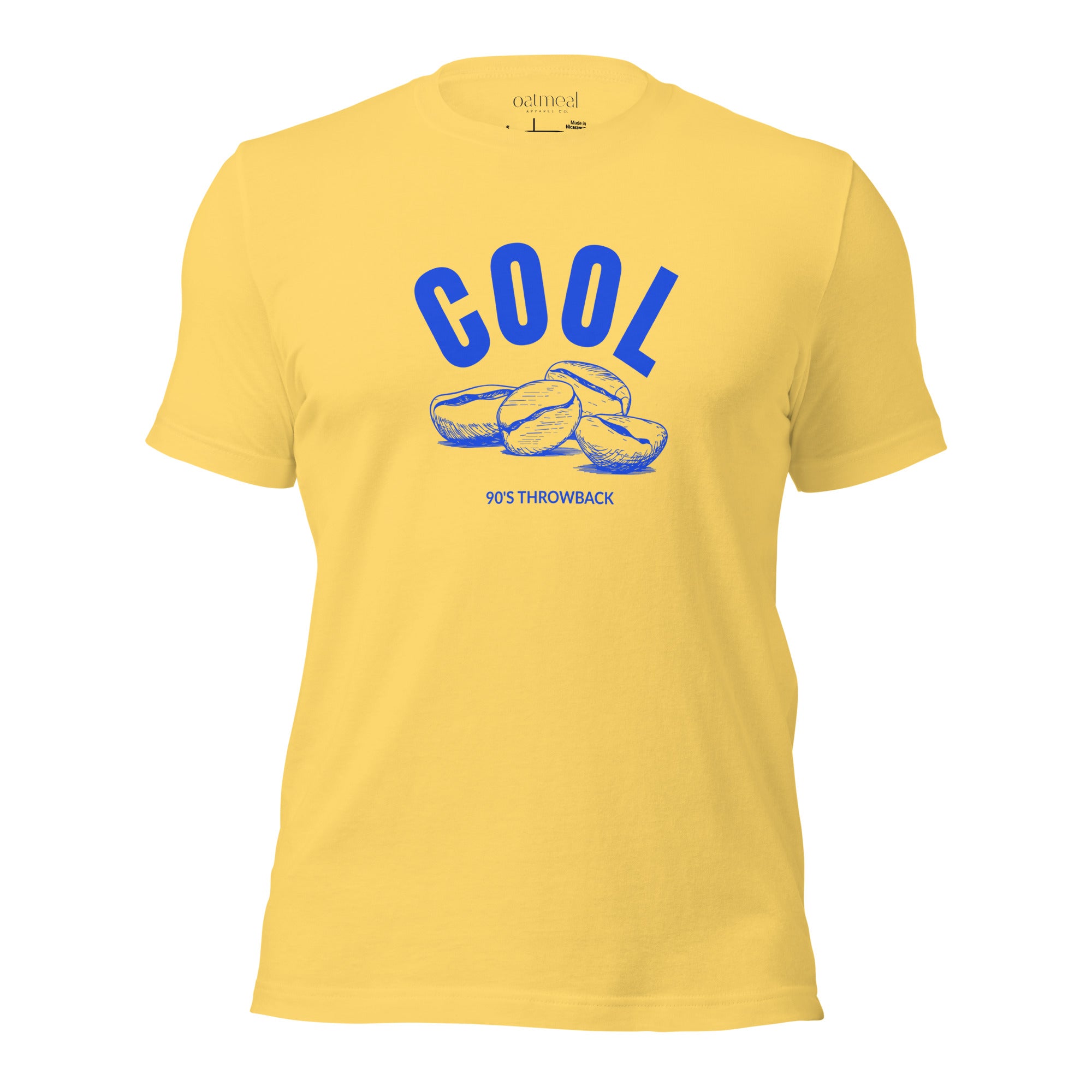 Yellow t-shirt with blue graphic and text on a white background at Oatmeal Apparel Co.