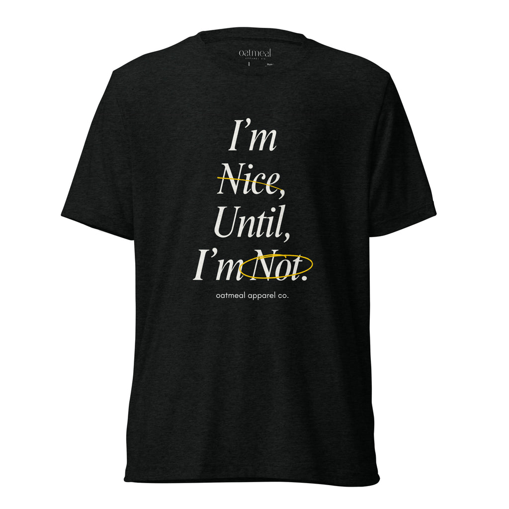 Black t-shirt with humorous text design on a white background at Oatmeal Apparel Co.