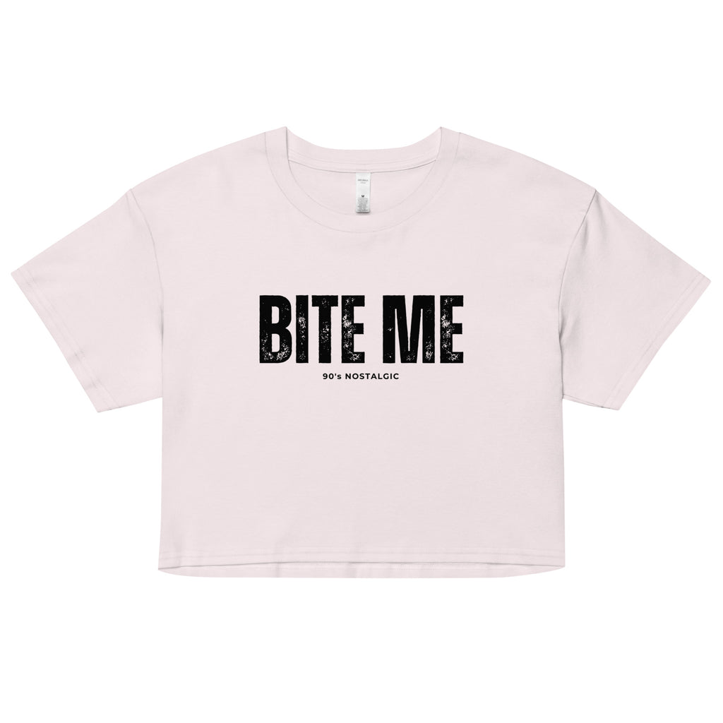 Orchid color crop top with 'BITE ME' text on a white background at Oatmeal Apparel Co.