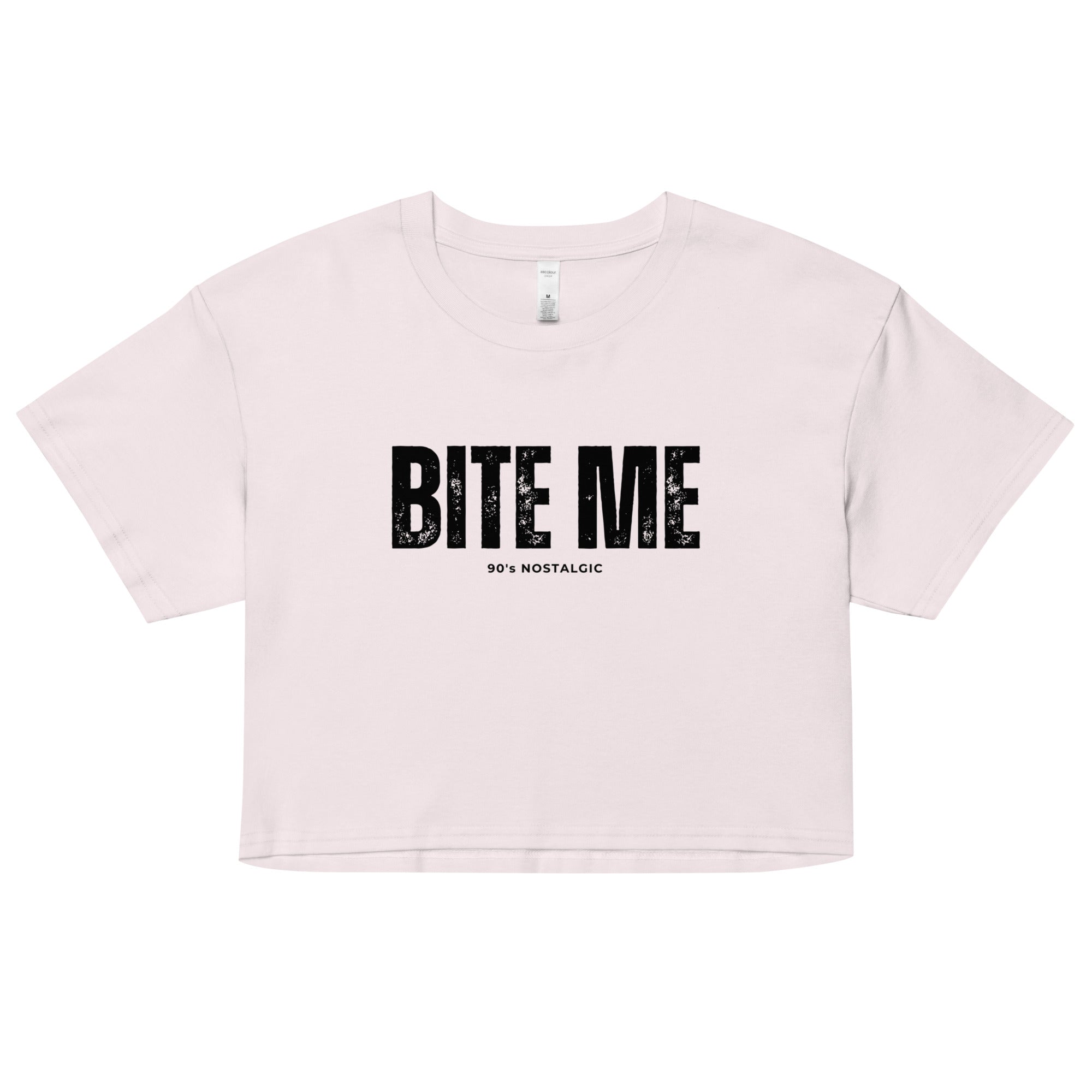 Orchid color crop top with 'BITE ME' text on a white background at Oatmeal Apparel Co.