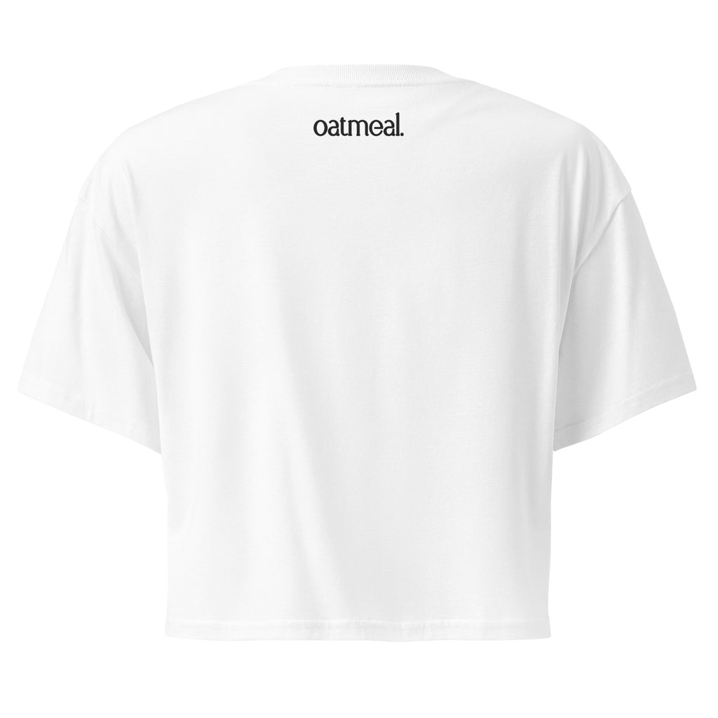 White t-shirt with 'oatmeal' logo on the back against a white background, available at Oatmeal Apparel Co.