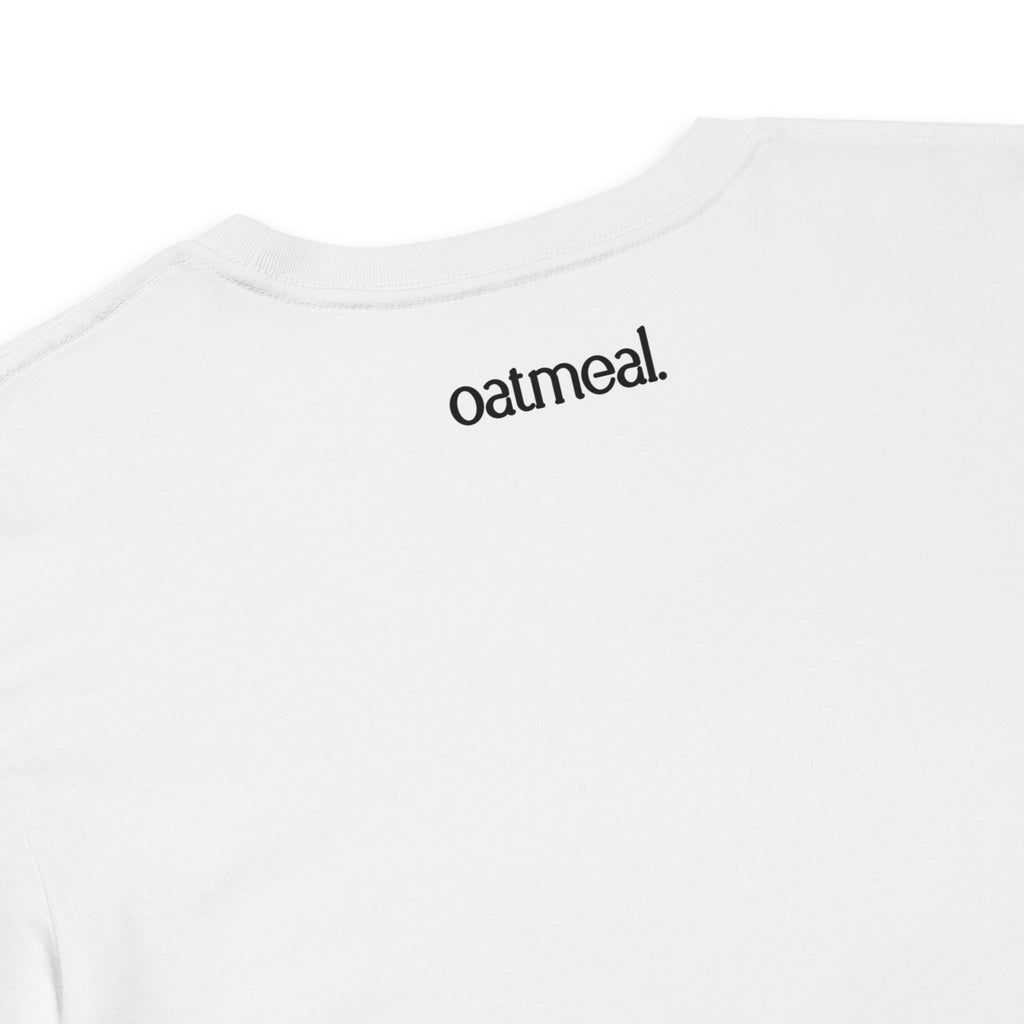 White crop top with 'oatmeal!' branding on a white background at Oatmeal Apparel Co.
