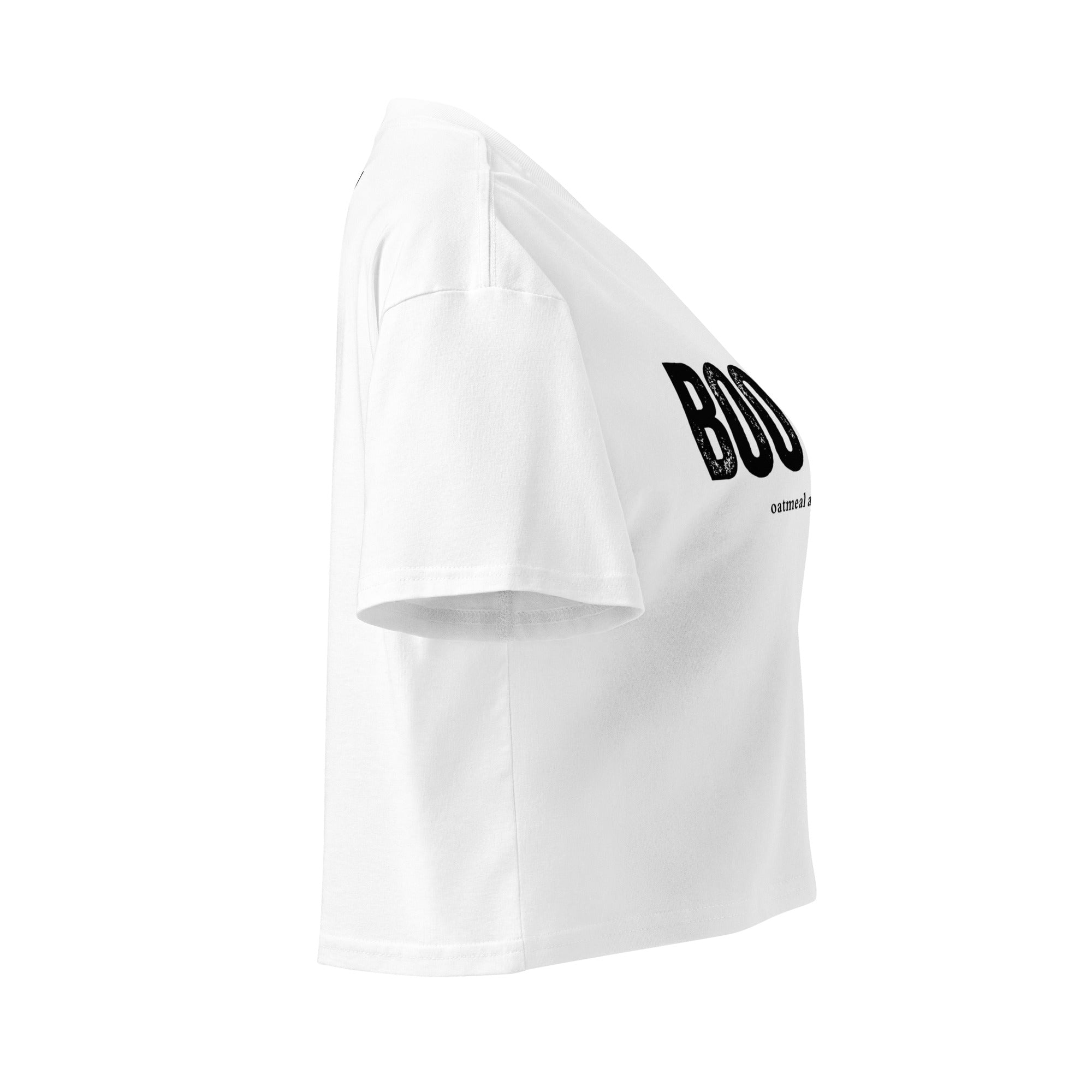 White side view of women's crop top with black 'BOO BYE' text on a white background at Oatmeal Apparel Co.